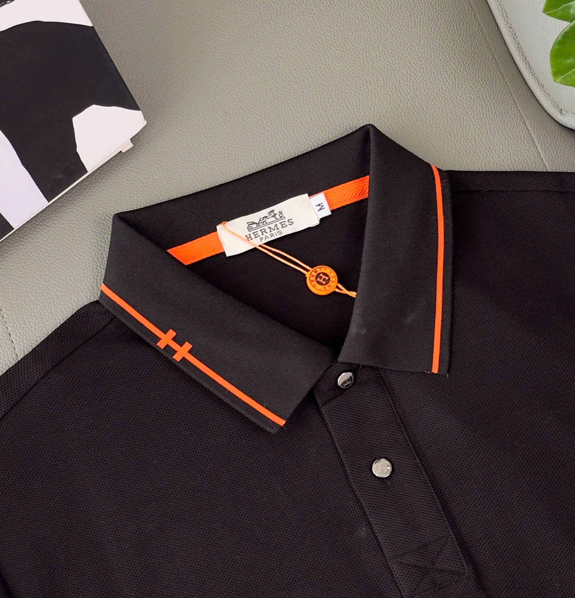 Áo polo Hermes HM kẻ viền Cam logo thêu chữ H Like Auth M-XXL DDT\Đen
