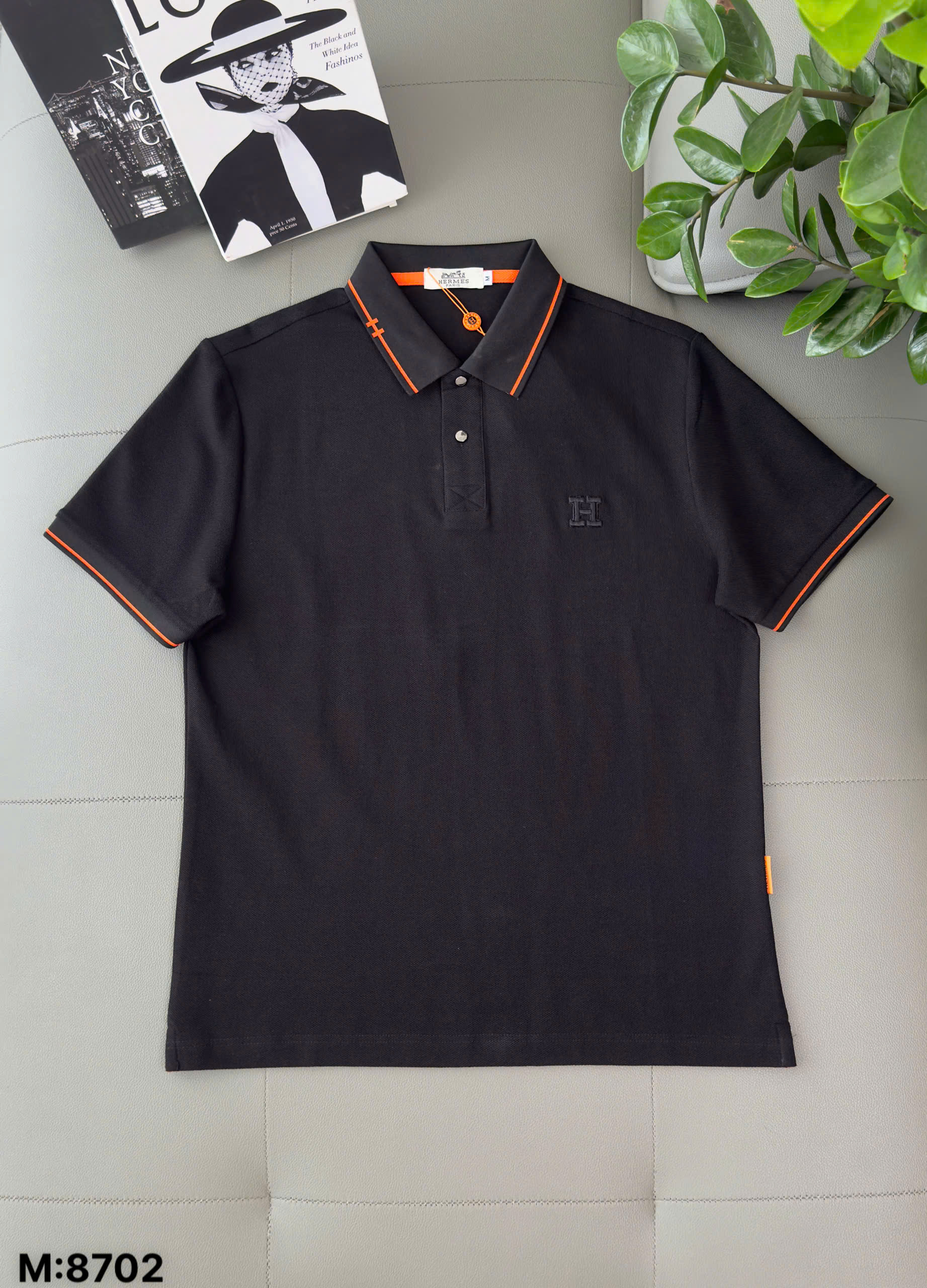 Áo polo Hermes HM kẻ viền Cam logo thêu chữ H Like Auth M-XXL DDT\Đen