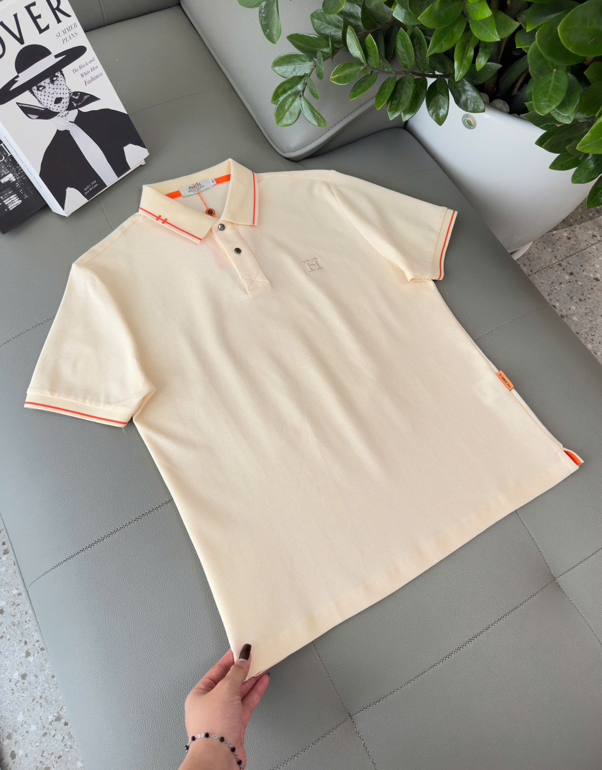 Áo polo Hermes HM kẻ viền Cam logo thêu chữ H Like Auth M-XXL DDT\Be