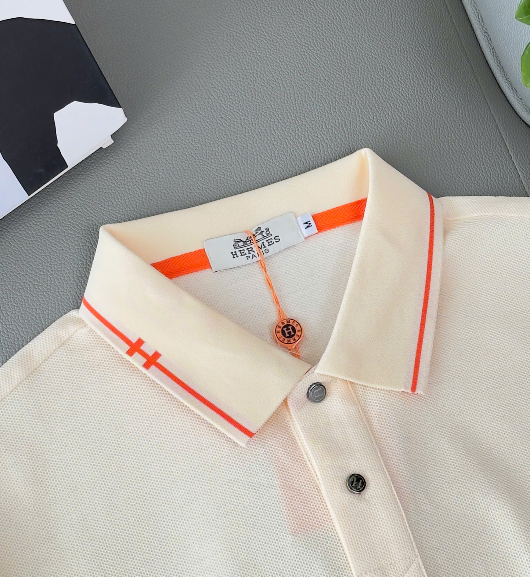 Áo polo Hermes HM kẻ viền Cam logo thêu chữ H Like Auth M-XXL DDT\Be