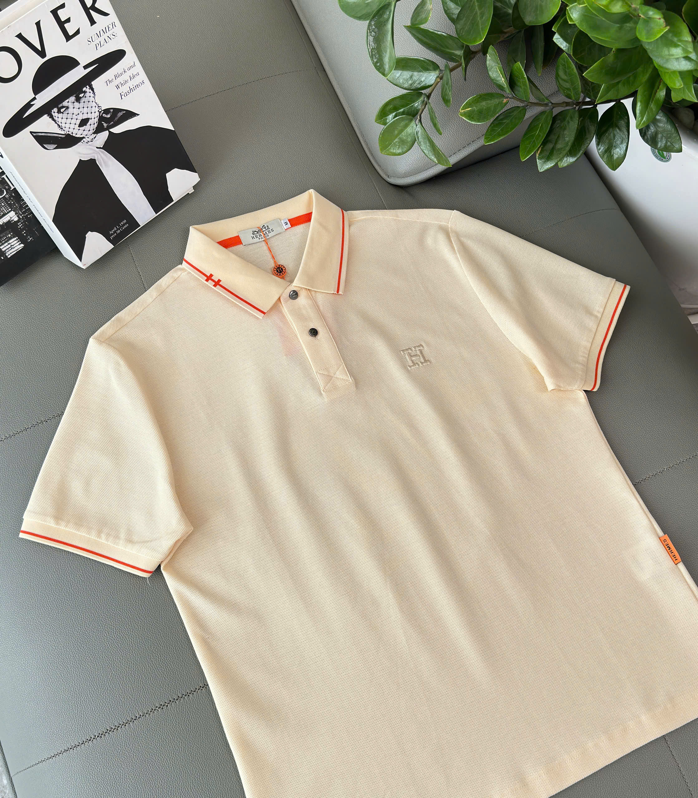 Áo polo Hermes HM kẻ viền Cam logo thêu chữ H Like Auth M-XXL DDT\Be