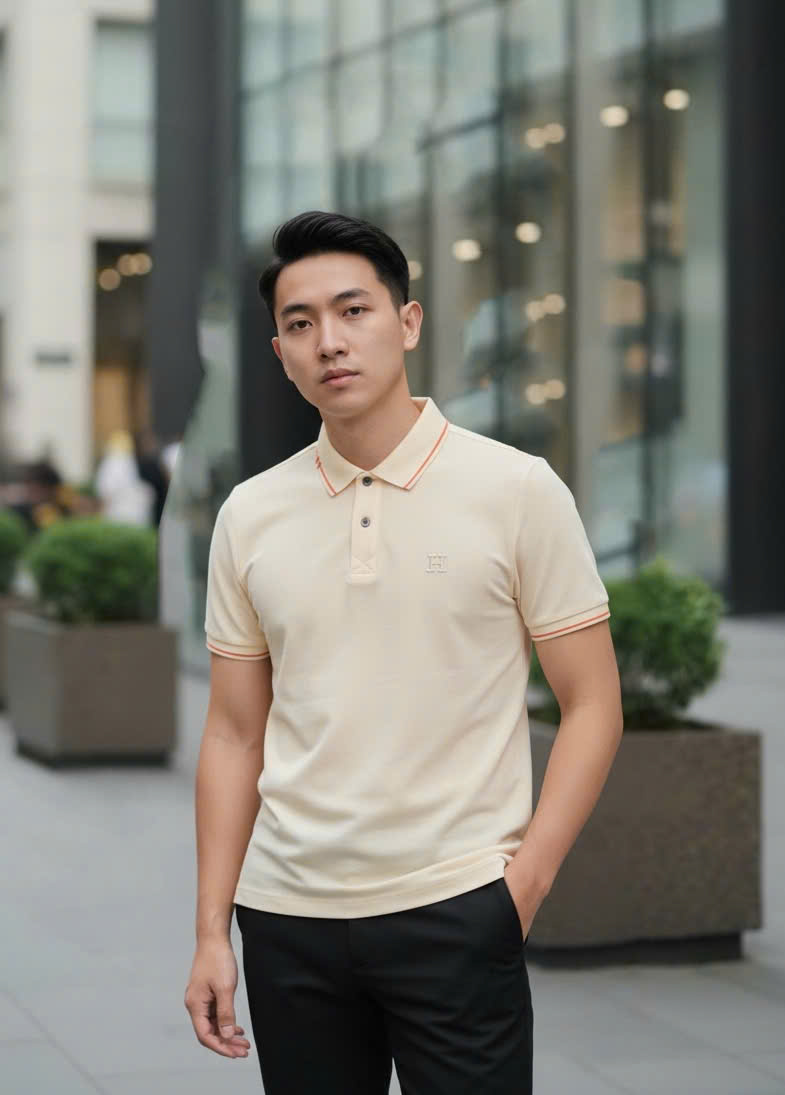 Áo polo Hermes HM kẻ viền Cam logo thêu chữ H Like Auth M-XXL DDT\Be
