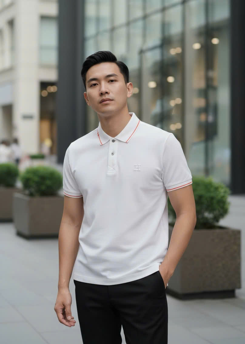 Áo polo Hermes HM kẻ viền Cam logo thêu chữ H Like Auth M-XXL DDT\Trắng