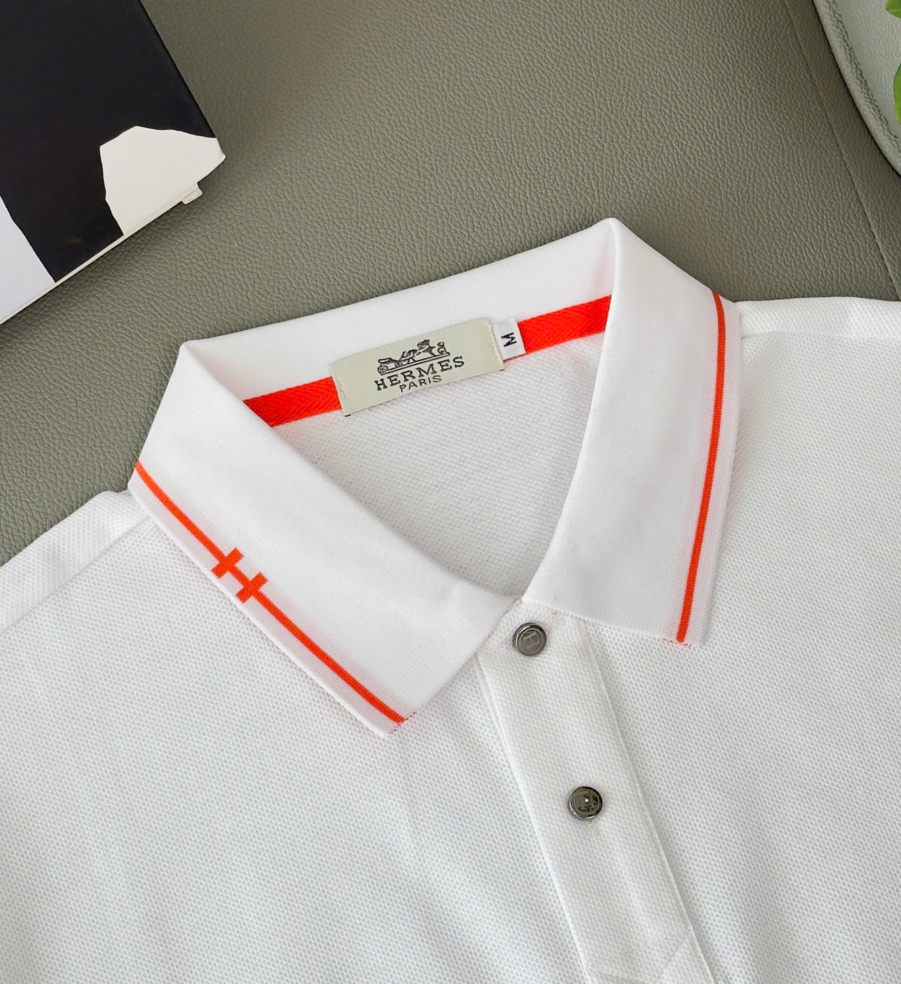 Áo polo Hermes HM kẻ viền Cam logo thêu chữ H Like Auth M-XXL DDT\Trắng