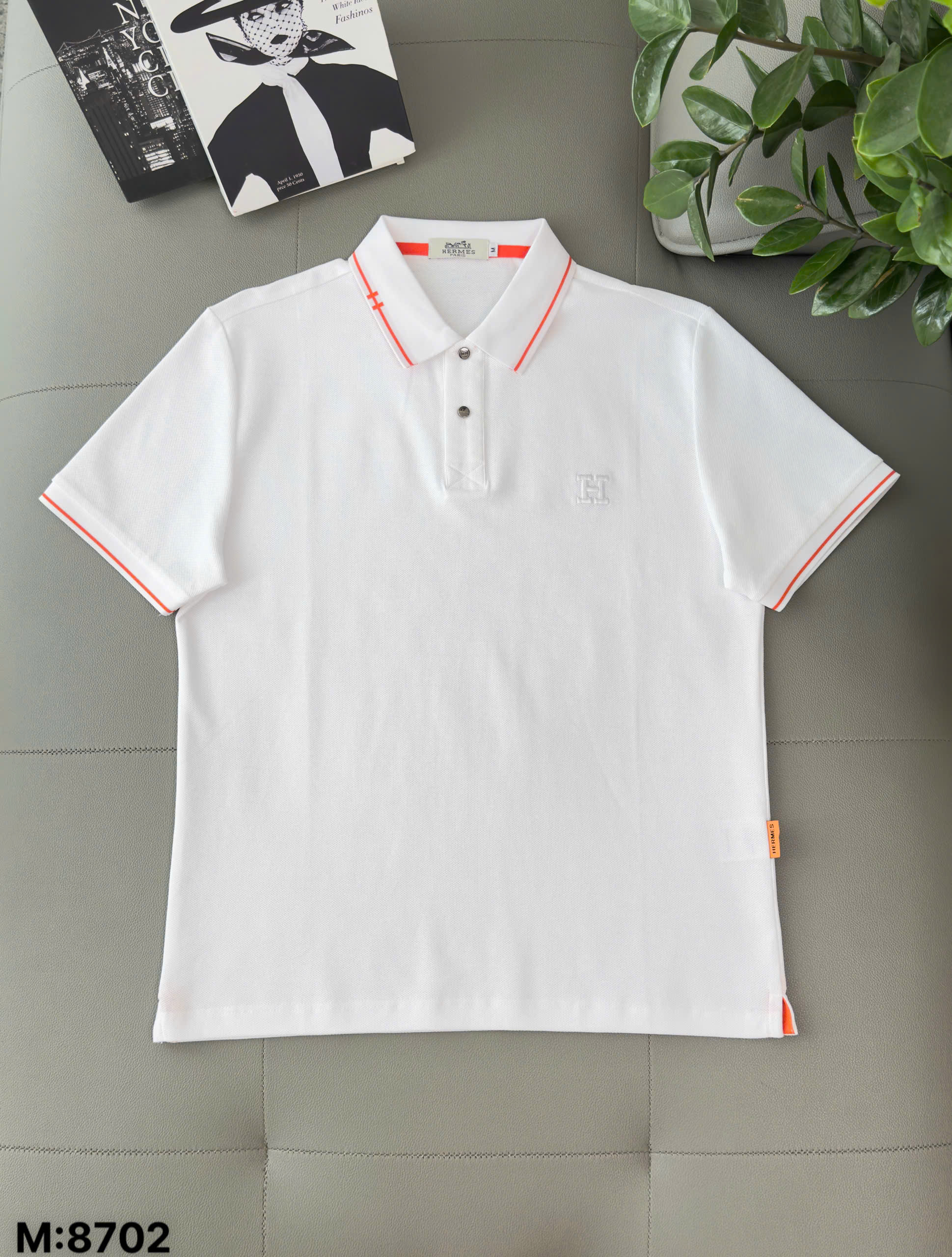 Áo polo Hermes HM kẻ viền Cam logo thêu chữ H Like Auth M-XXL DDT\Trắng