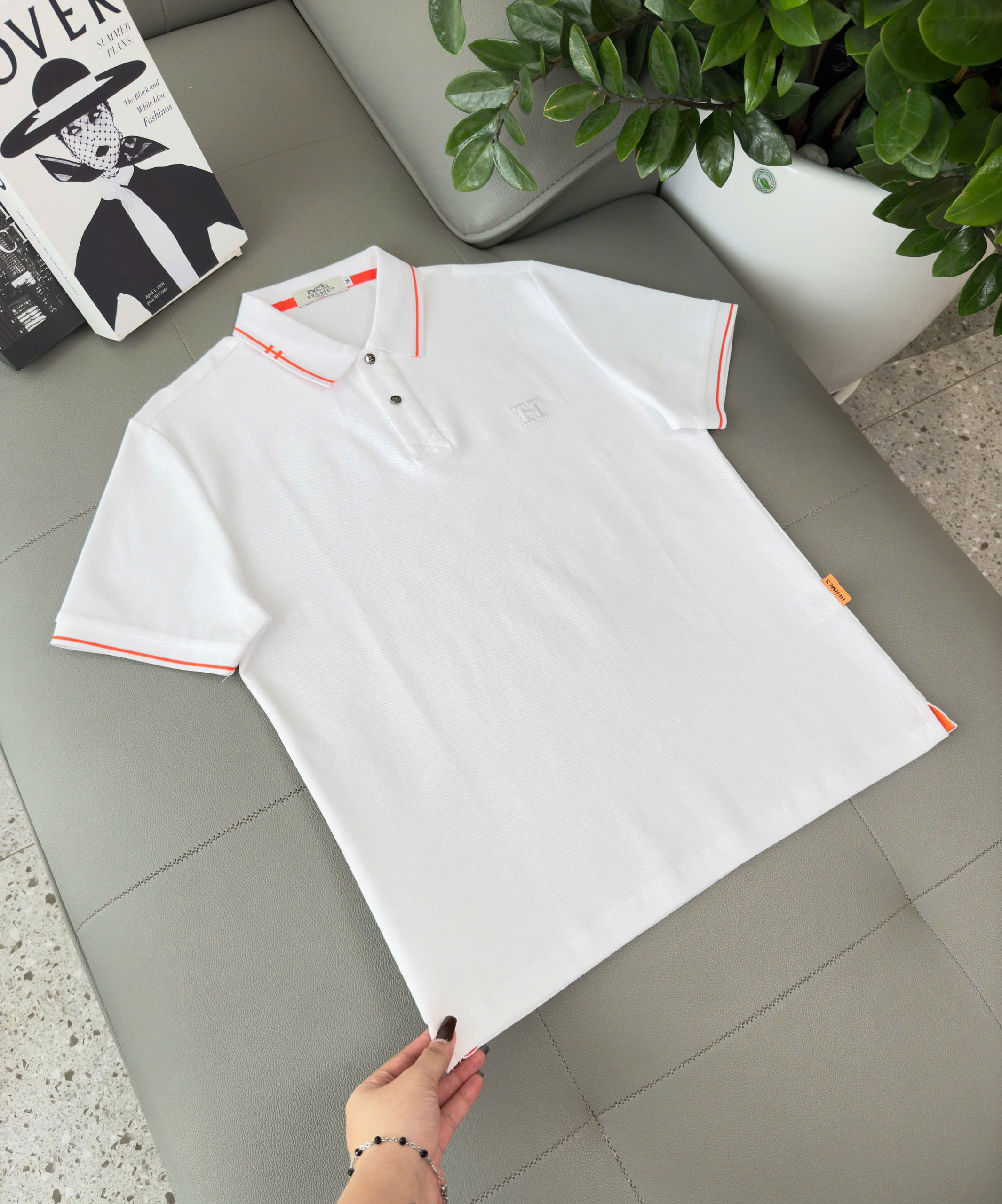 Áo polo Hermes HM kẻ viền Cam logo thêu chữ H Like Auth M-XXL DDT\Trắng