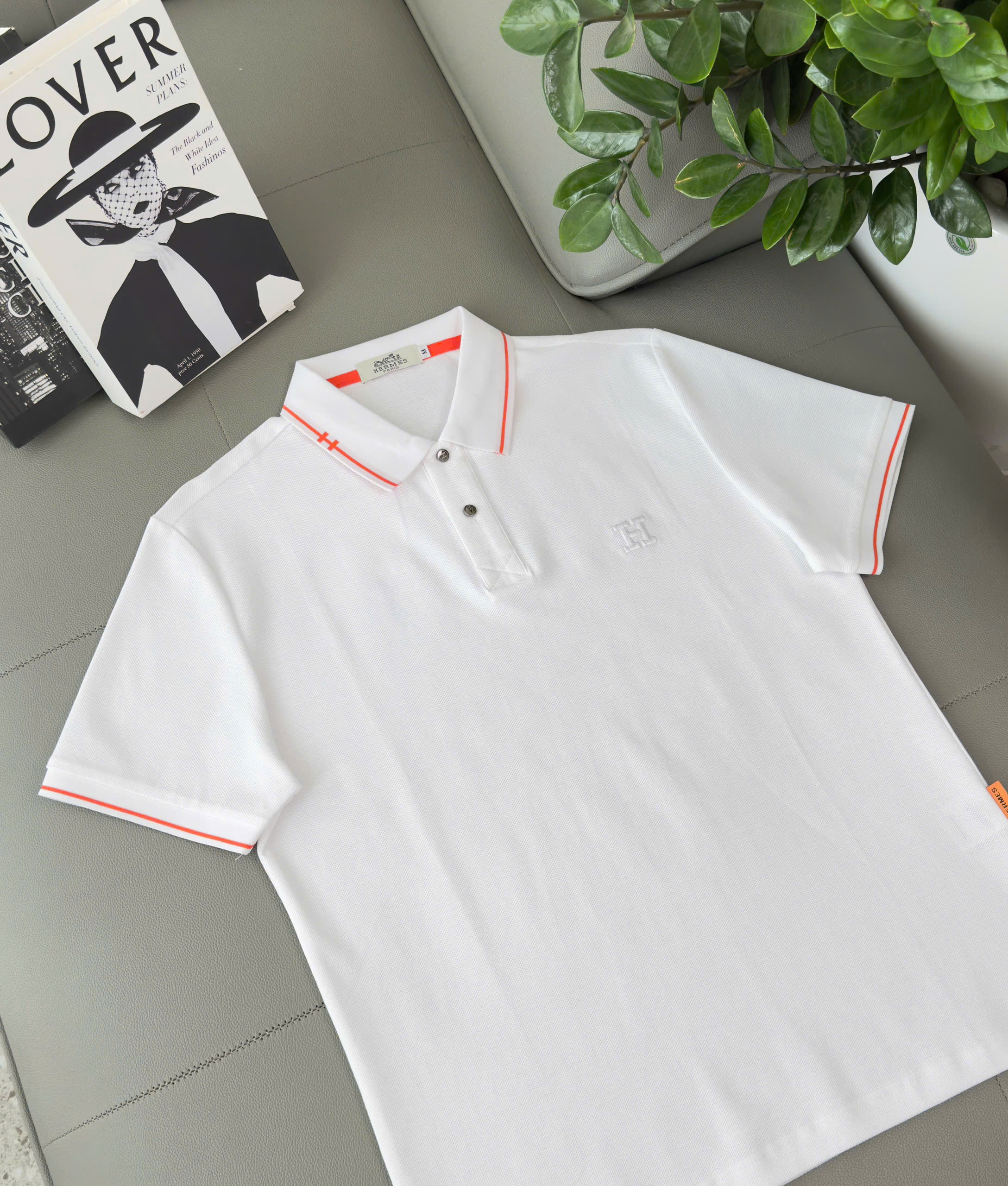Áo polo Hermes HM kẻ viền Cam logo thêu chữ H Like Auth M-XXL DDT\Trắng
