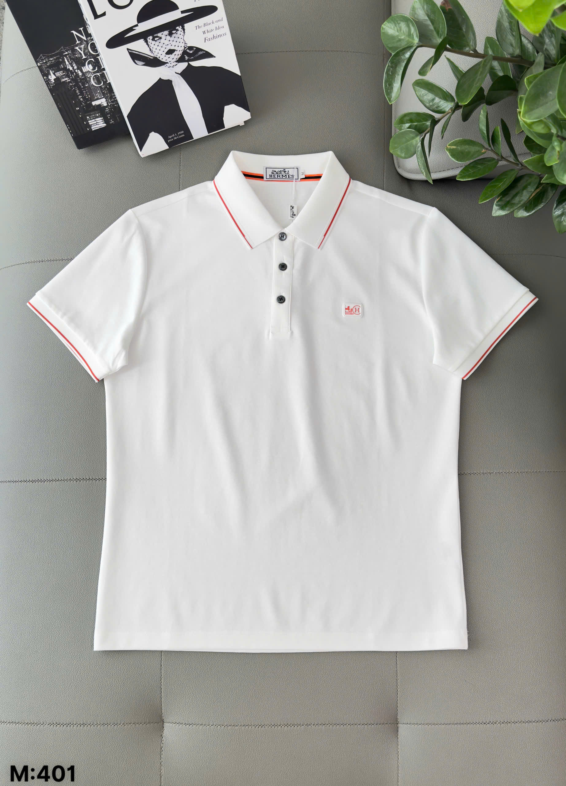 Áo polo Hermes HM kẻ viền Cam logo thêu tag ngực Like Auth M-XXL DDT\Trắng