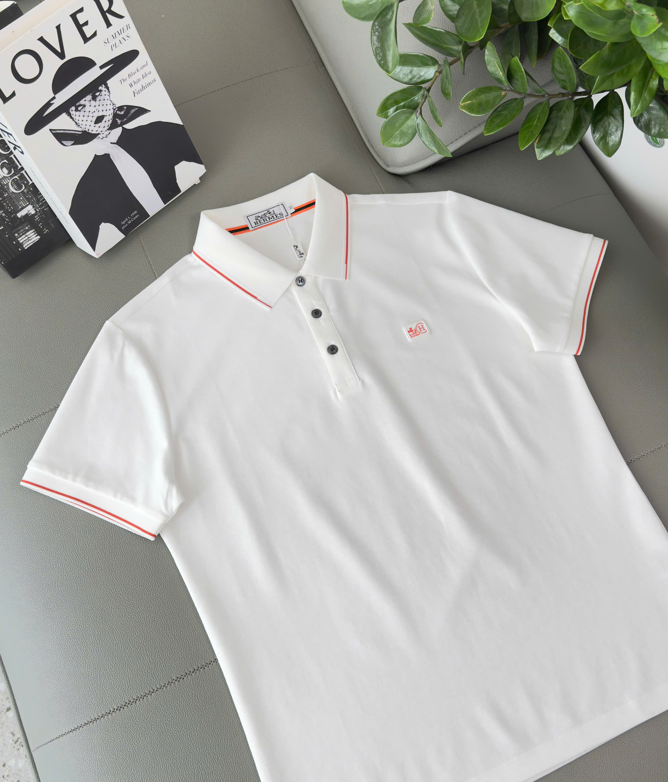 Áo polo Hermes HM kẻ viền Cam logo thêu tag ngực Like Auth M-XXL DDT\Trắng