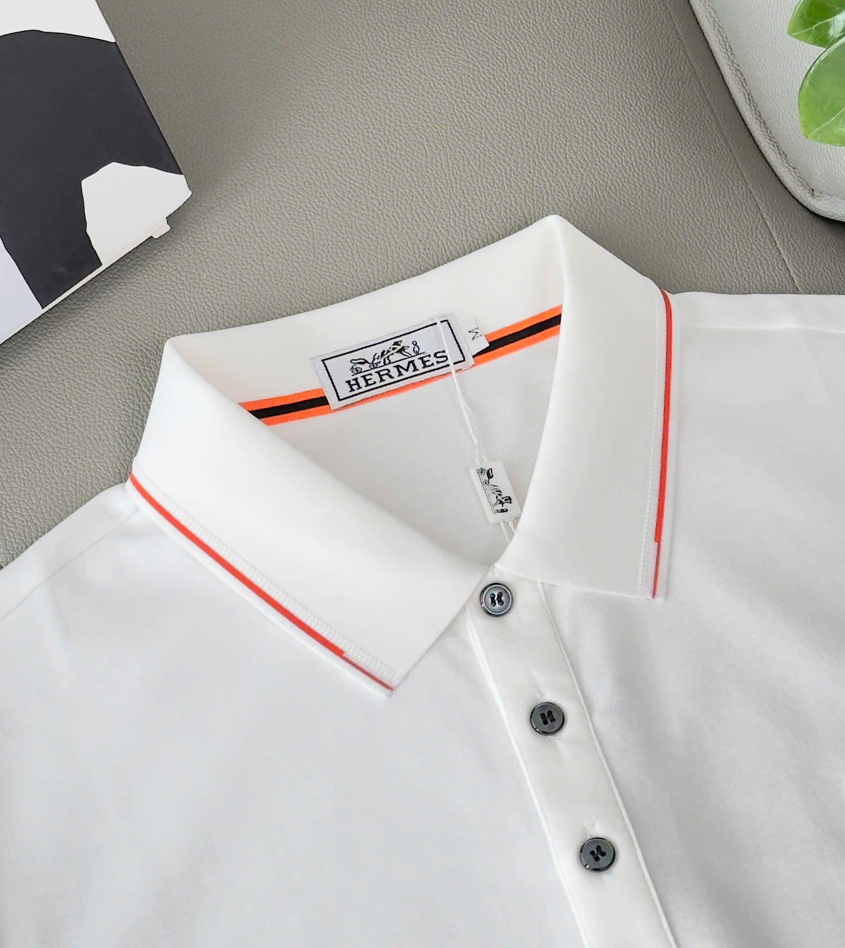 Áo polo Hermes HM kẻ viền Cam logo thêu tag ngực Like Auth M-XXL DDT\Trắng
