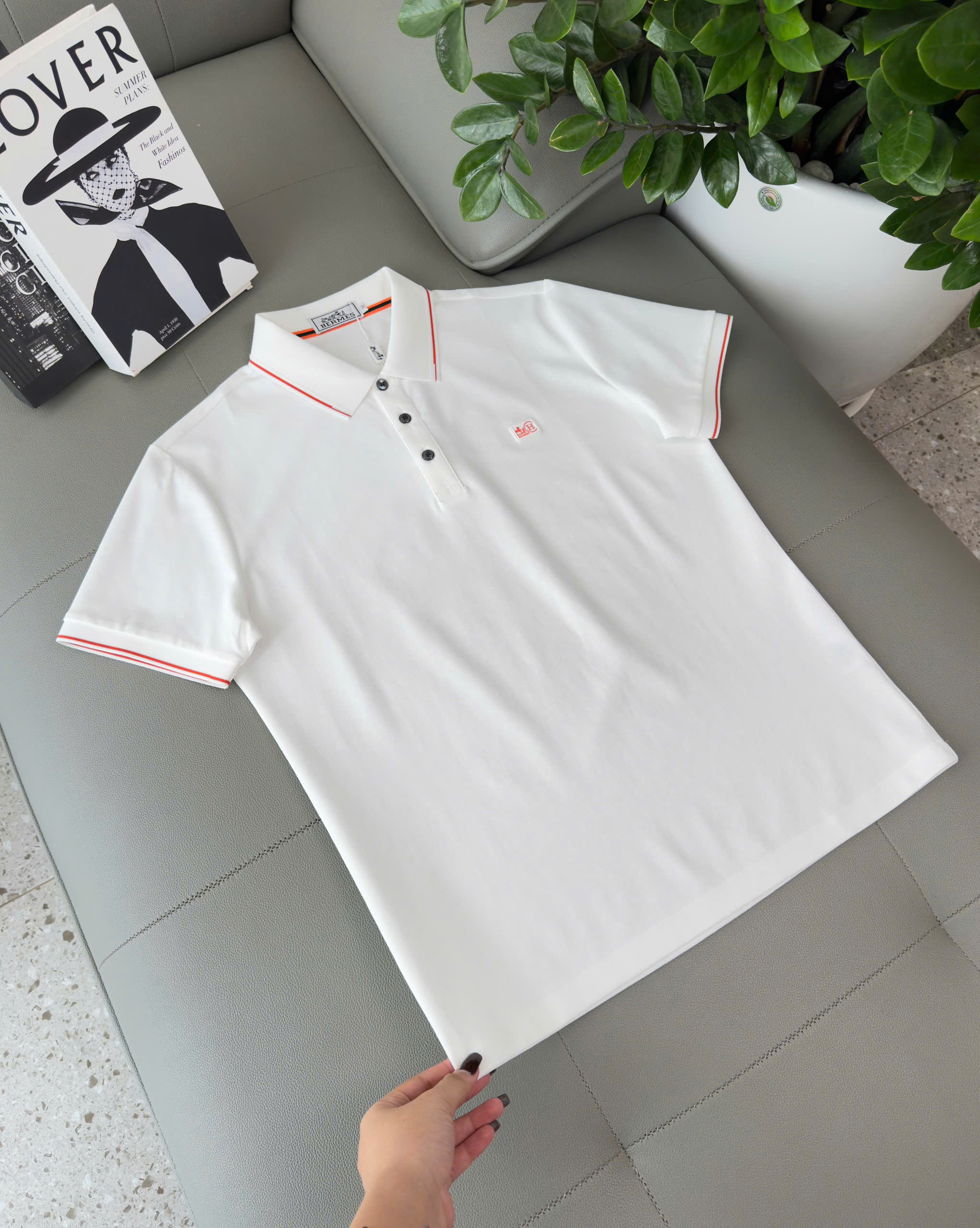 Áo polo Hermes HM kẻ viền Cam logo thêu tag ngực Like Auth M-XXL DDT\Trắng