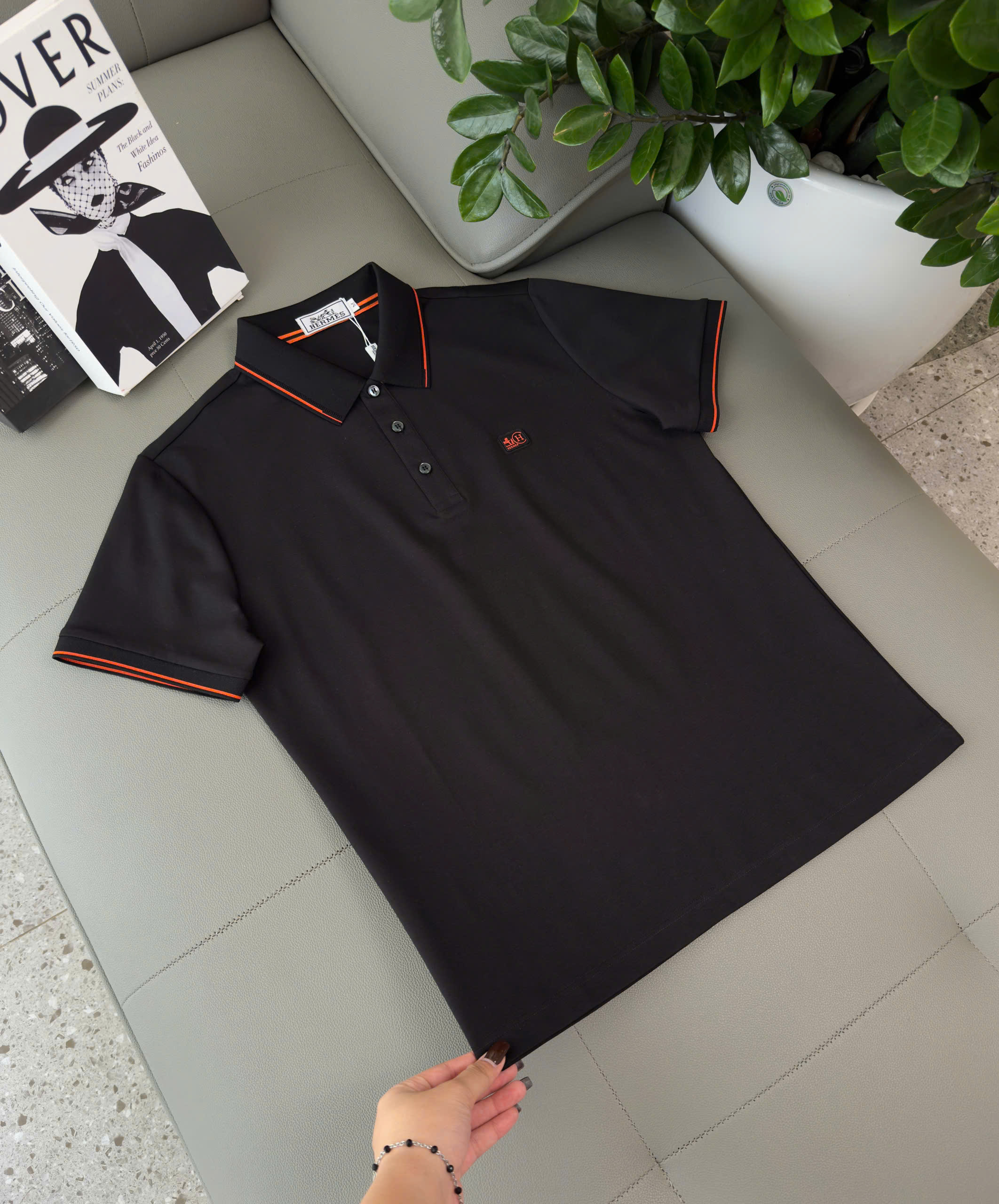 Áo polo Hermes HM kẻ viền Cam logo thêu tag ngực Like Auth M-XXL DDT\Đen