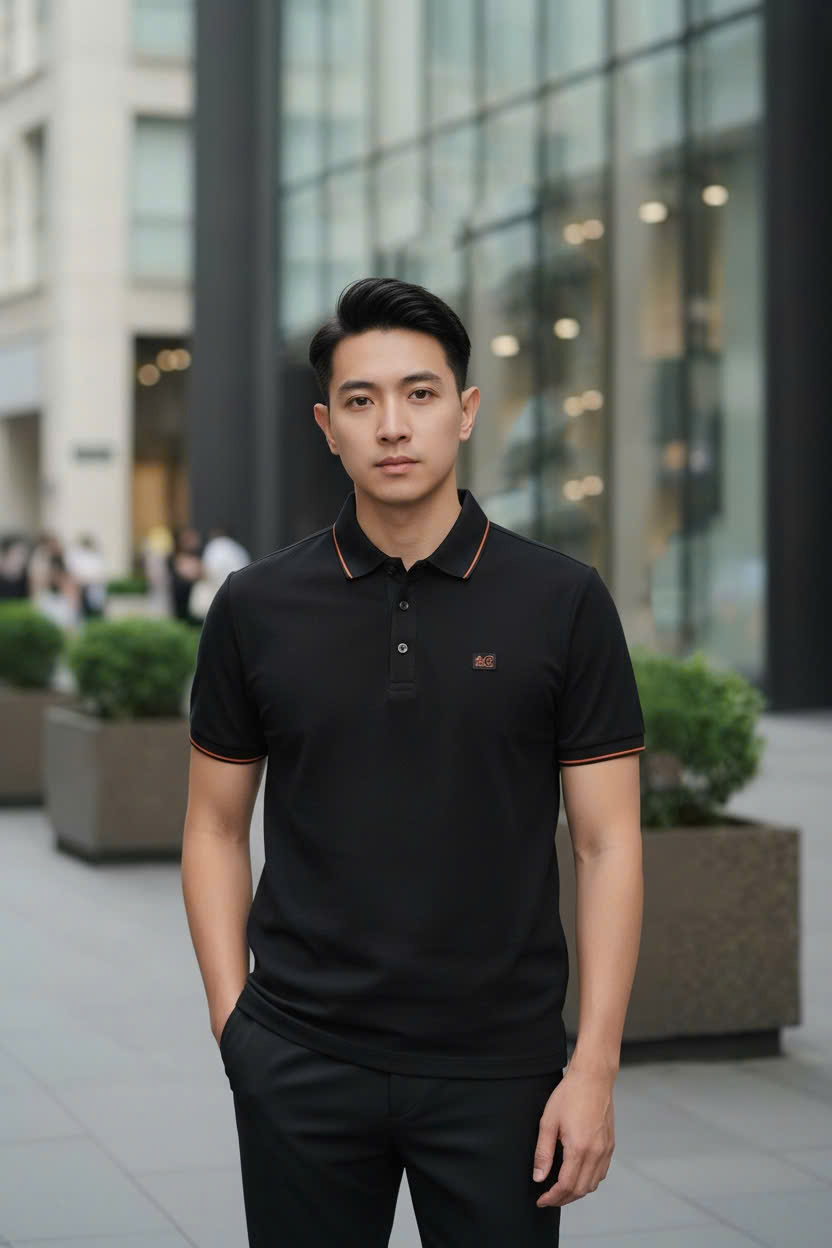 Áo polo Hermes HM kẻ viền Cam logo thêu tag ngực Like Auth M-XXL DDT\Đen