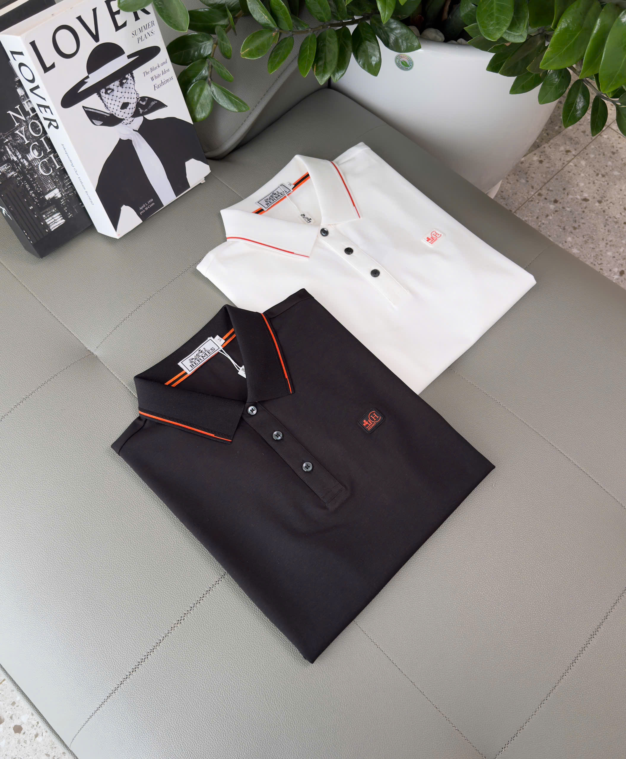 Áo polo Hermes HM kẻ viền Cam logo thêu tag ngực Like Auth M-XXL DDT\Đen