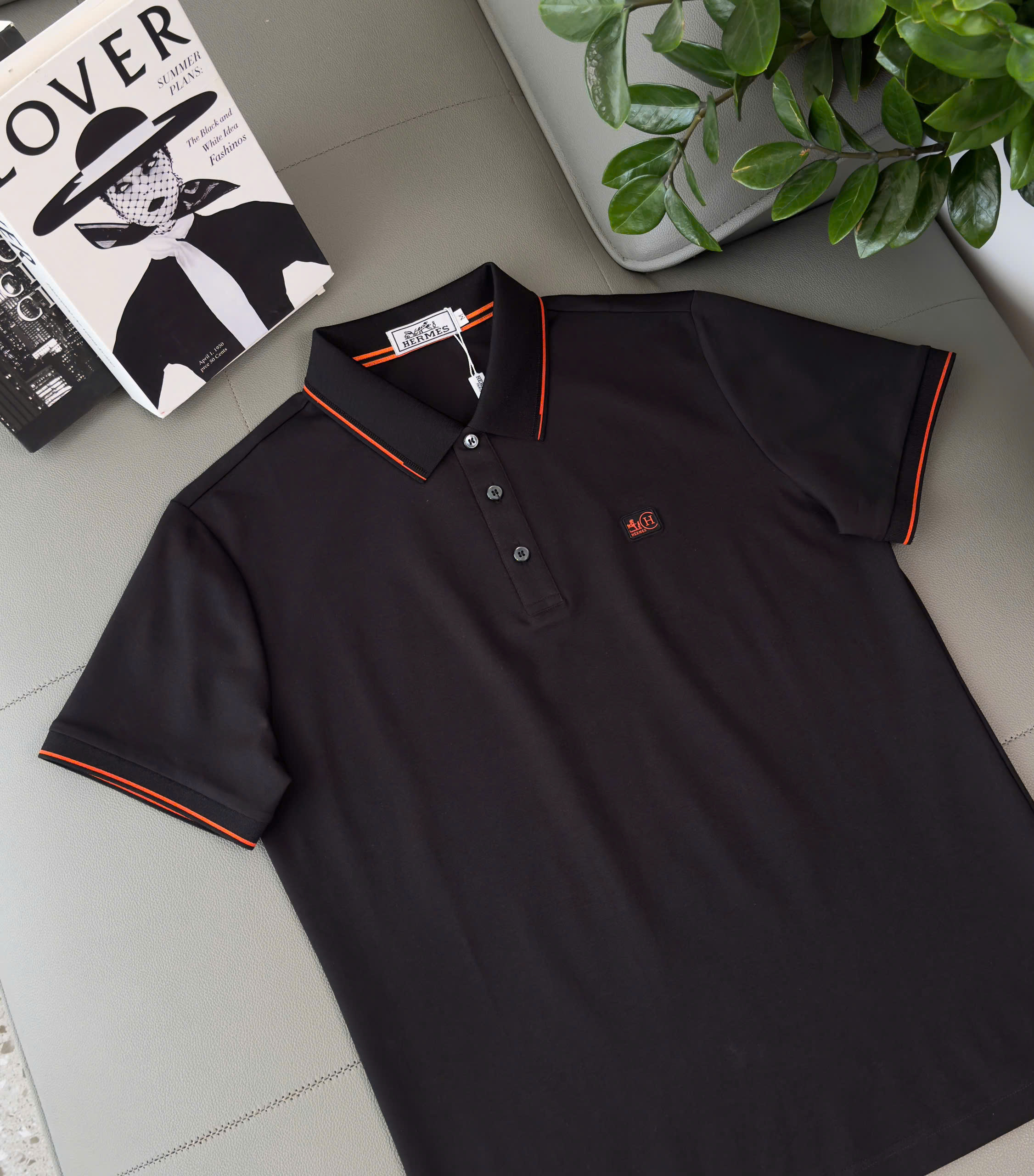 Áo polo Hermes HM kẻ viền Cam logo thêu tag ngực Like Auth M-XXL DDT\Đen