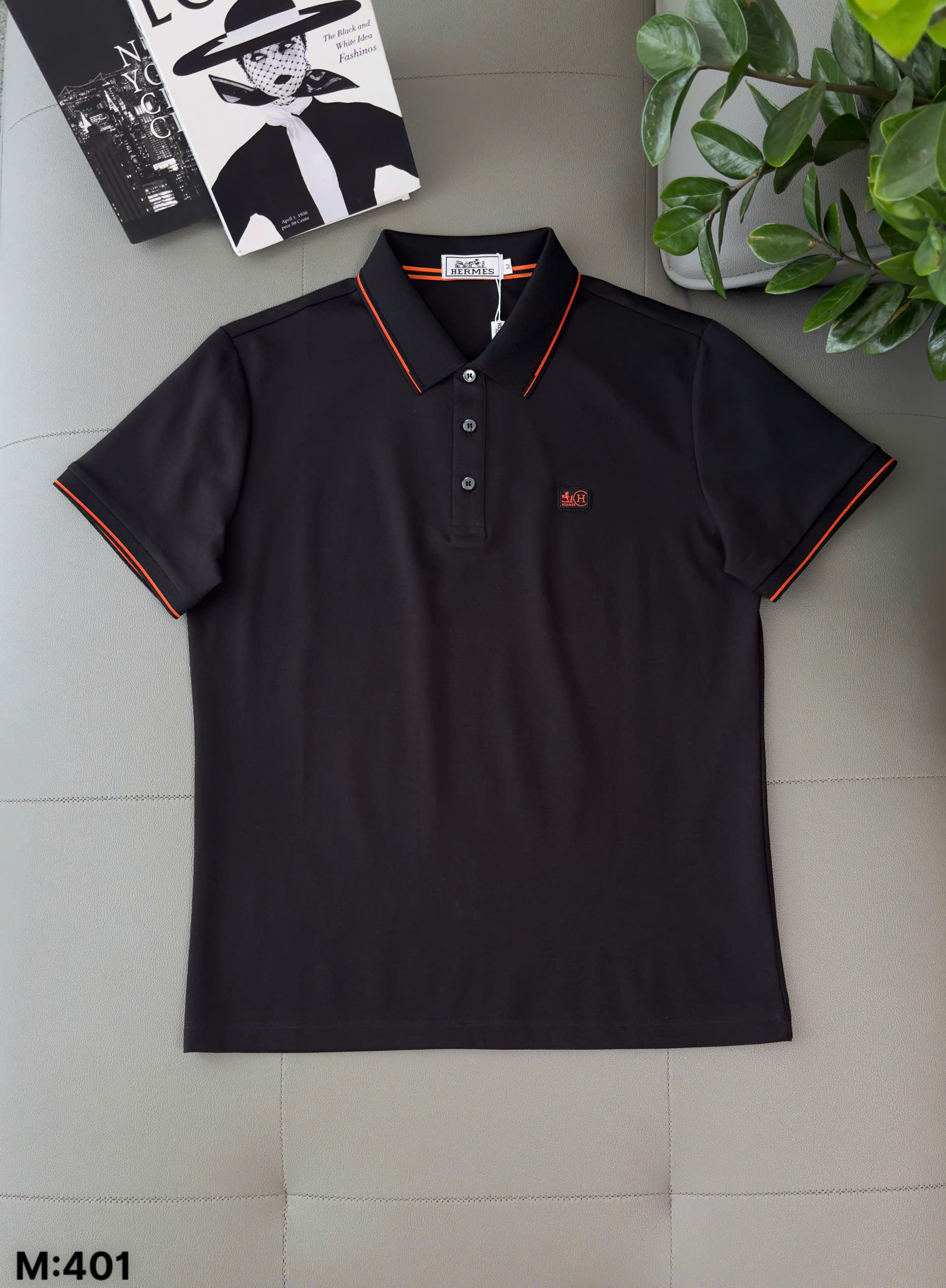 Áo polo Hermes HM kẻ viền Cam logo thêu tag ngực Like Auth M-XXL DDT\Đen