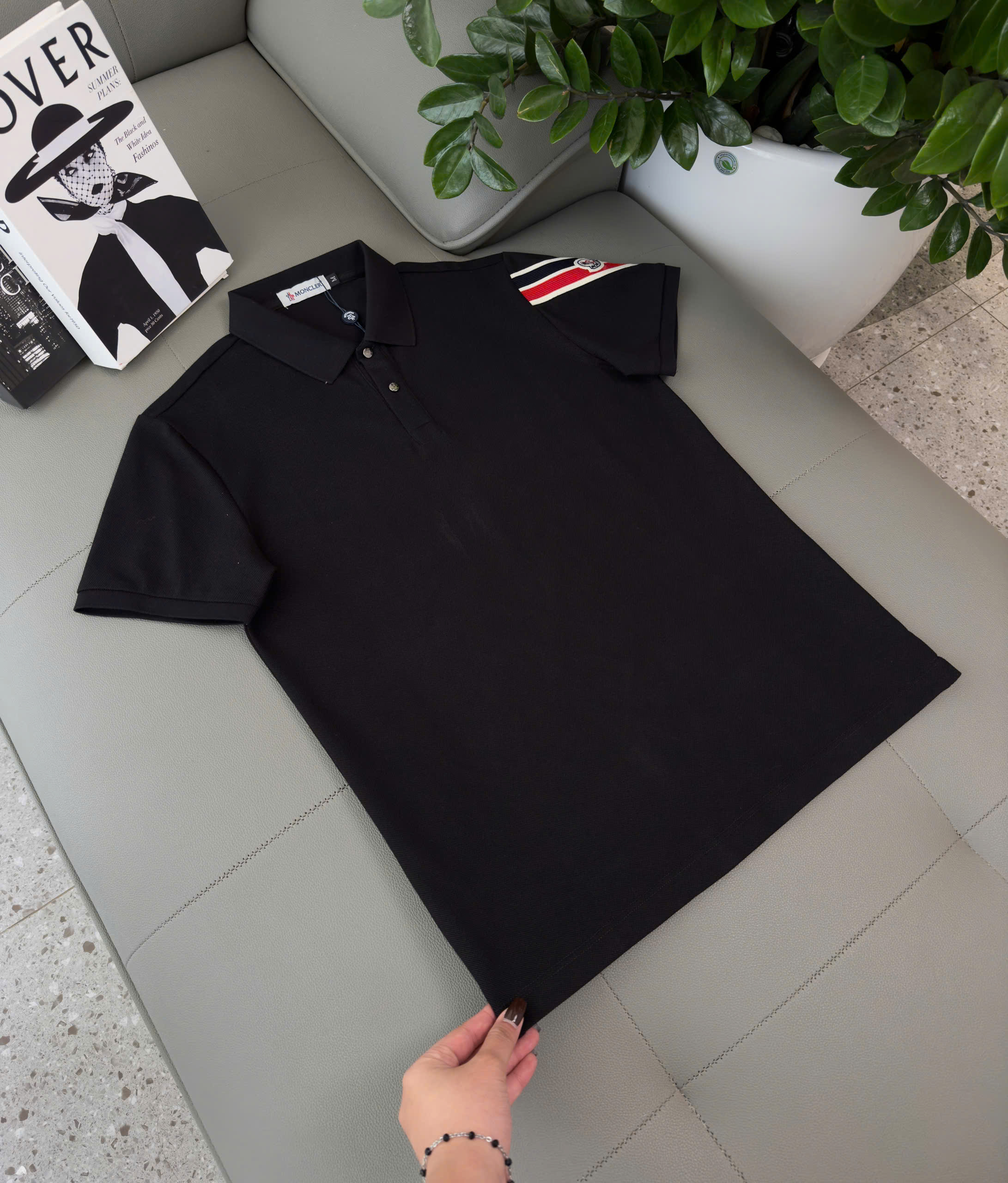 Áo polo Moncler kẻ sọc Xanh Đỏ check tay Like Auth M-XXL DDT\Đen