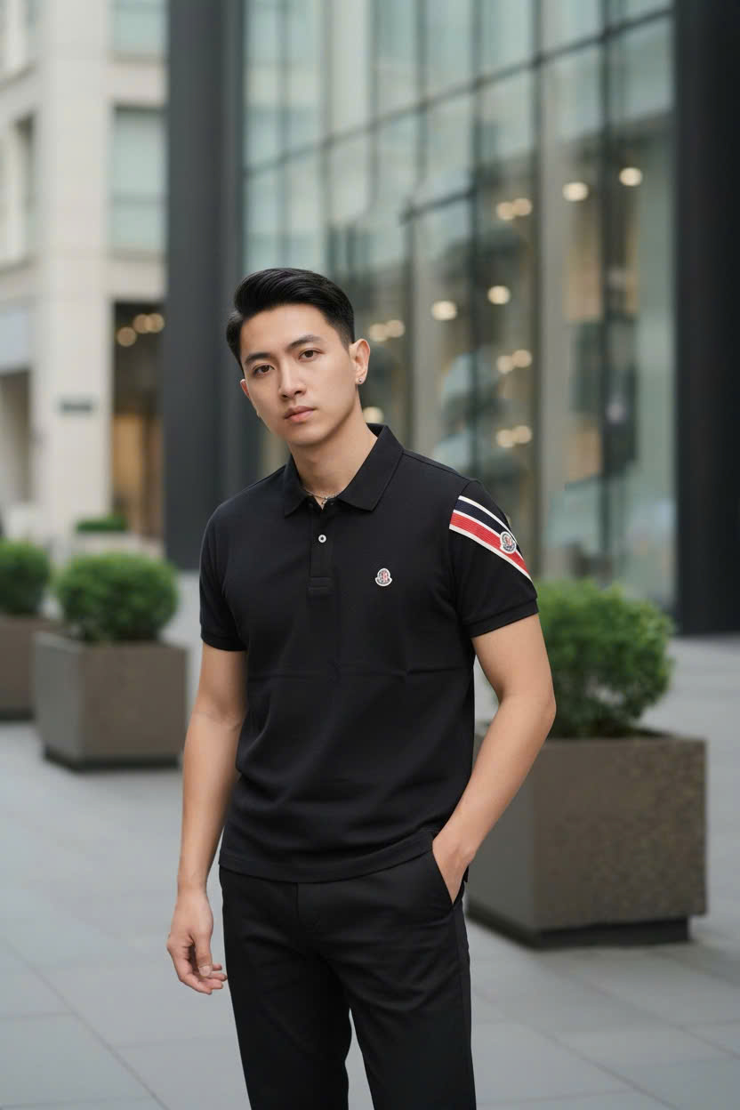 Áo polo Moncler kẻ sọc Xanh Đỏ check tay Like Auth M-XXL DDT\Đen