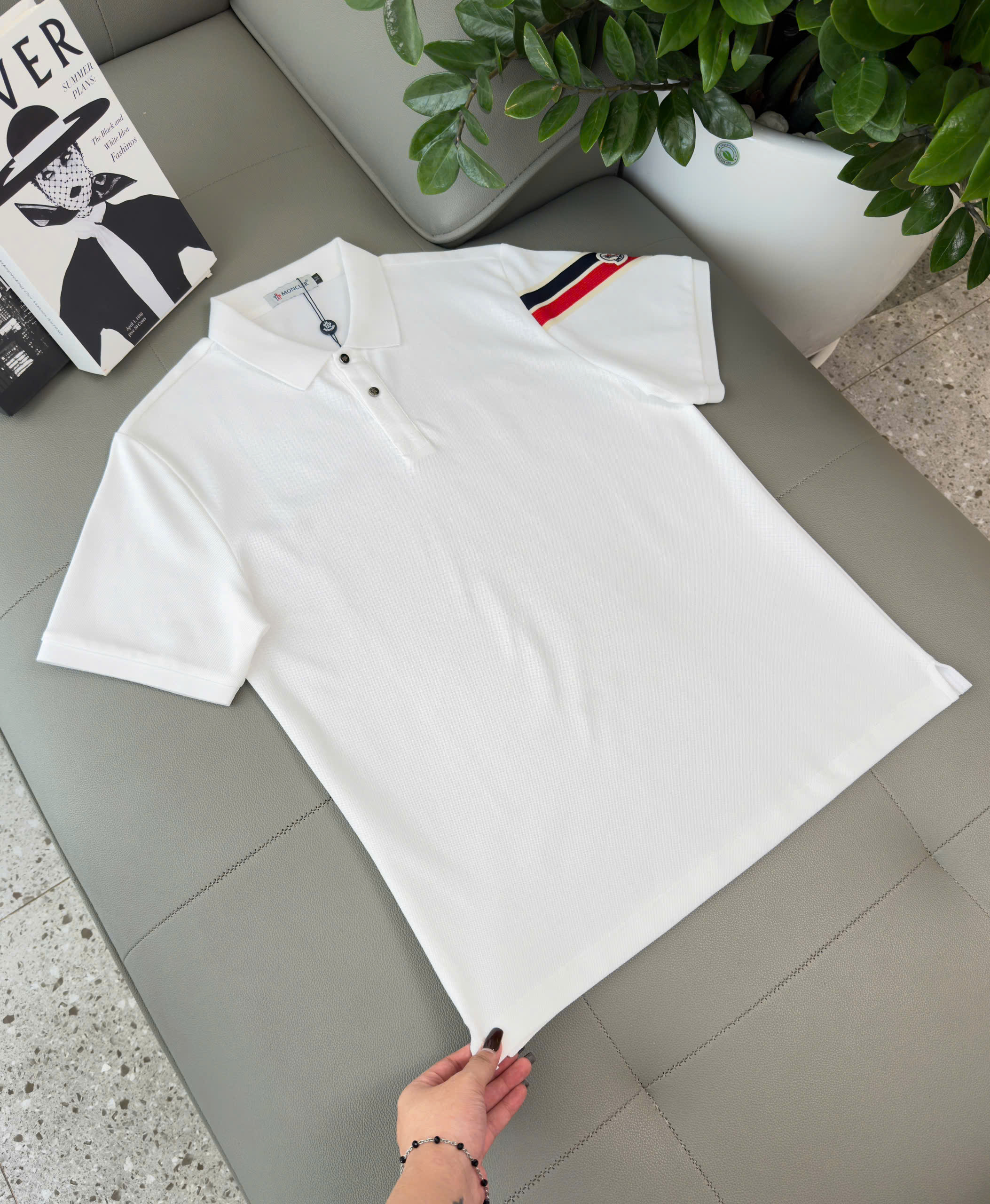 Áo polo Moncler kẻ sọc Xanh Đỏ check tay Like Auth M-XXL DDT\Trắng