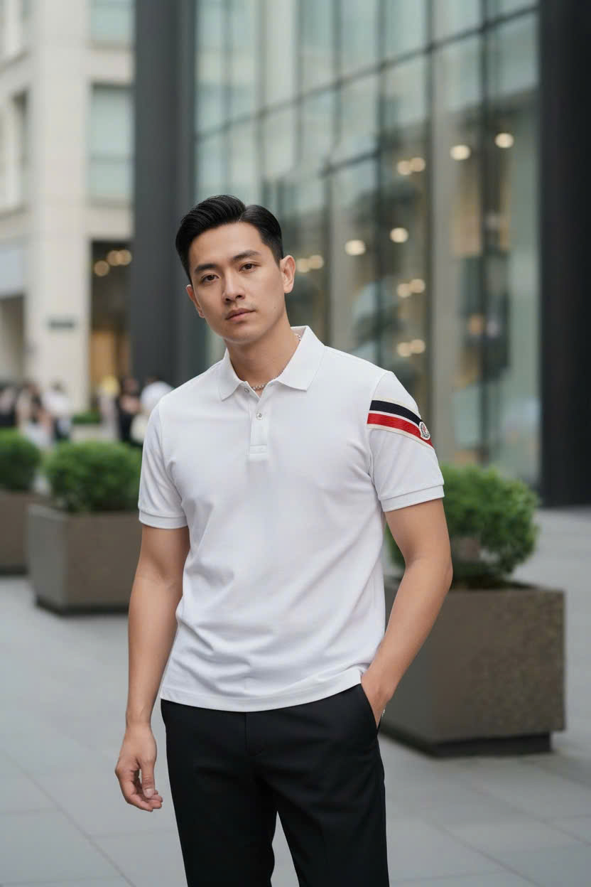 Áo polo Moncler kẻ sọc Xanh Đỏ check tay Like Auth M-XXL DDT\Trắng
