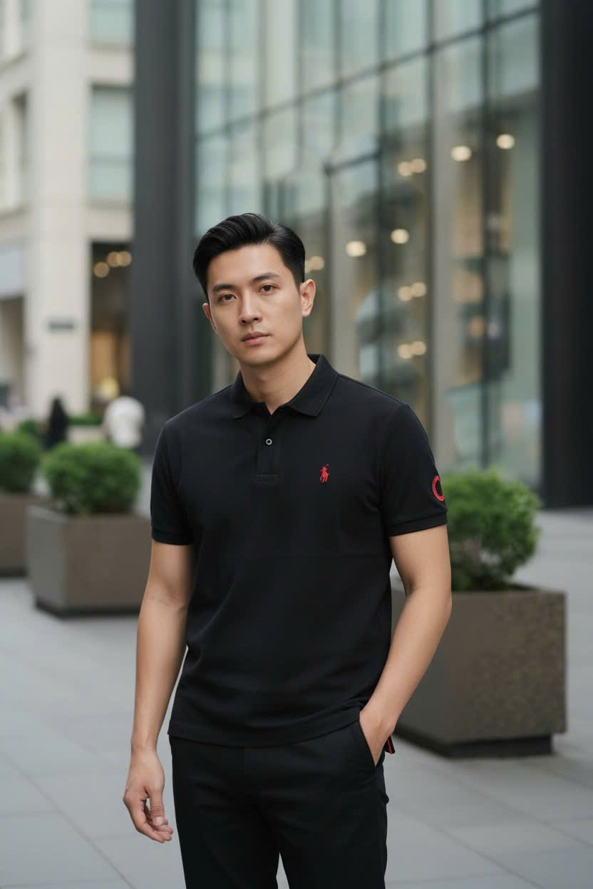 Áo Polo Ralph Laurent bo kẻ viền tay logo thêu cưỡi ngựa ngực Like Auth M-XXL DDT\Đen