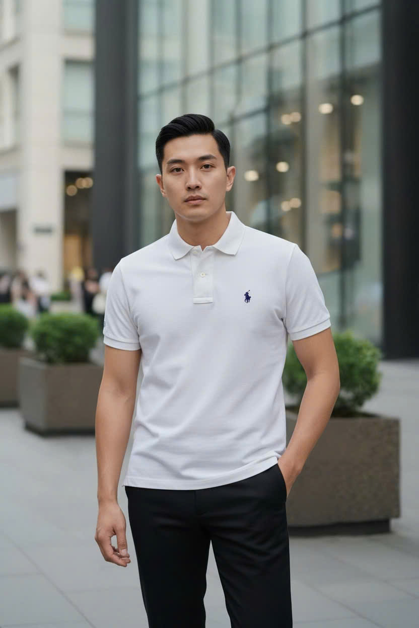 Áo Polo Ralph Laurent bo kẻ viền tay logo thêu cưỡi ngựa ngực Like Auth M-XXL DDT\Trắng