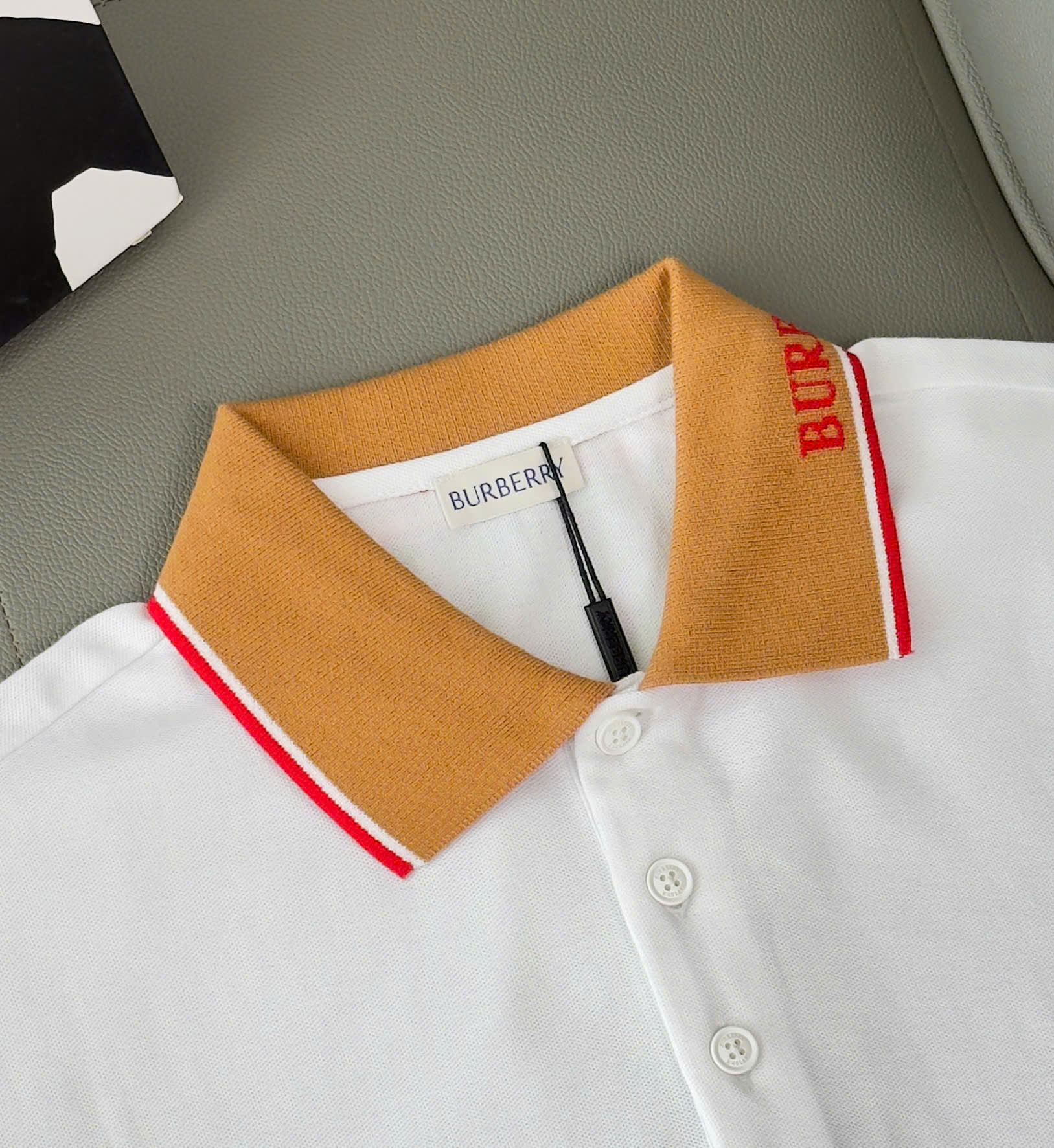 Áo polo Burberry BBR logo check cổ Nâu thêu ngựa bay ngực Like Auth S-XL DDT\Trắng
