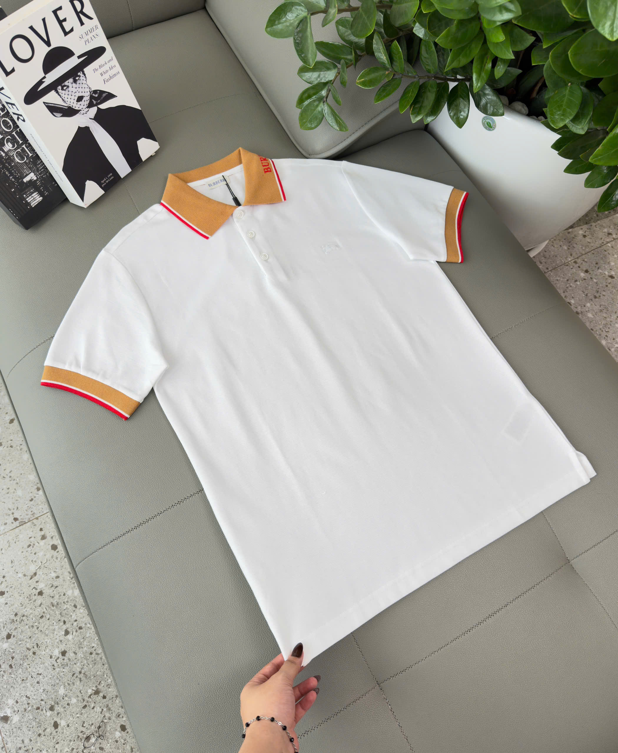 Áo polo Burberry BBR logo check cổ Nâu thêu ngựa bay ngực Like Auth S-XL DDT\Trắng