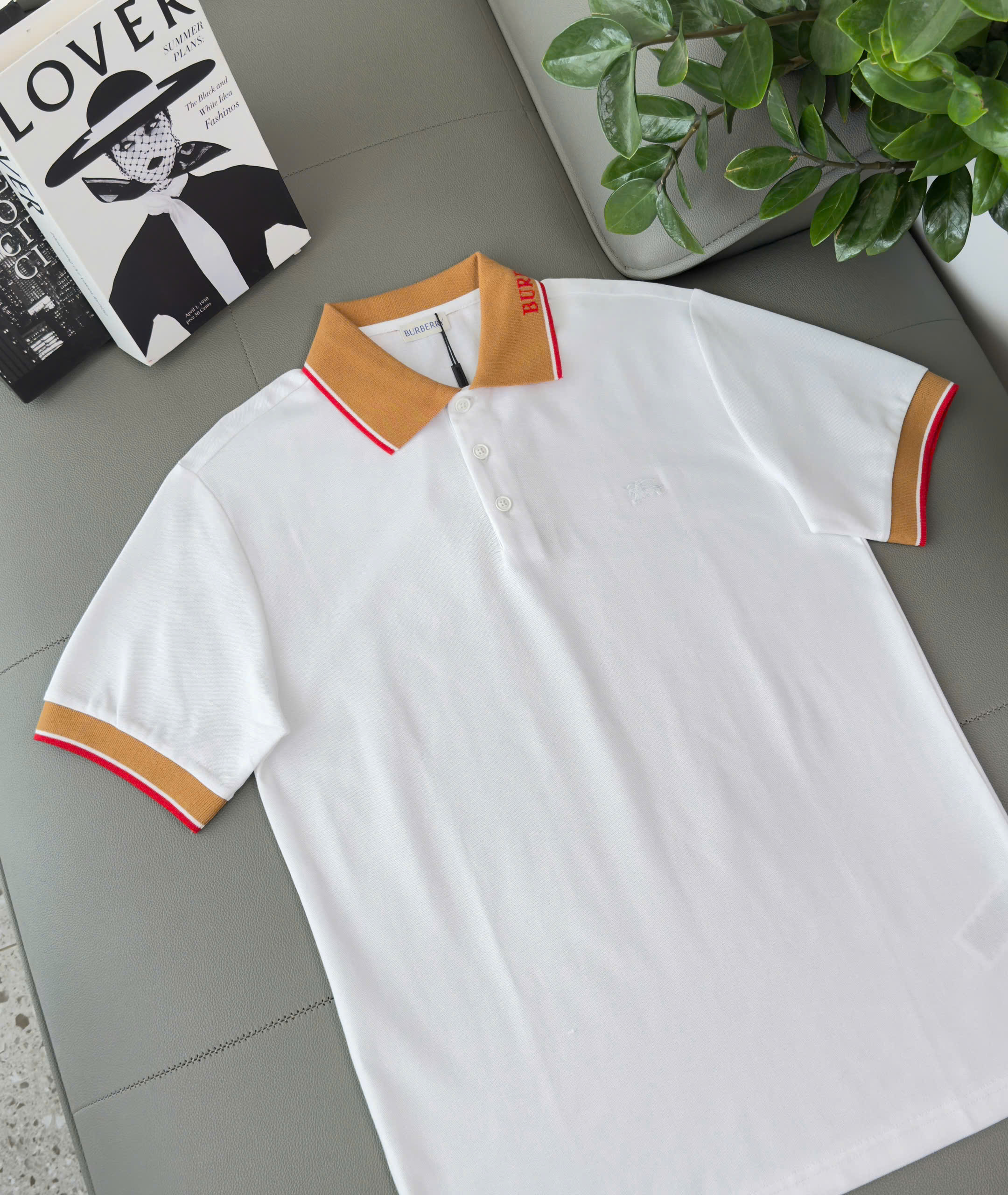 Áo polo Burberry BBR logo check cổ Nâu thêu ngựa bay ngực Like Auth S-XL DDT\Trắng