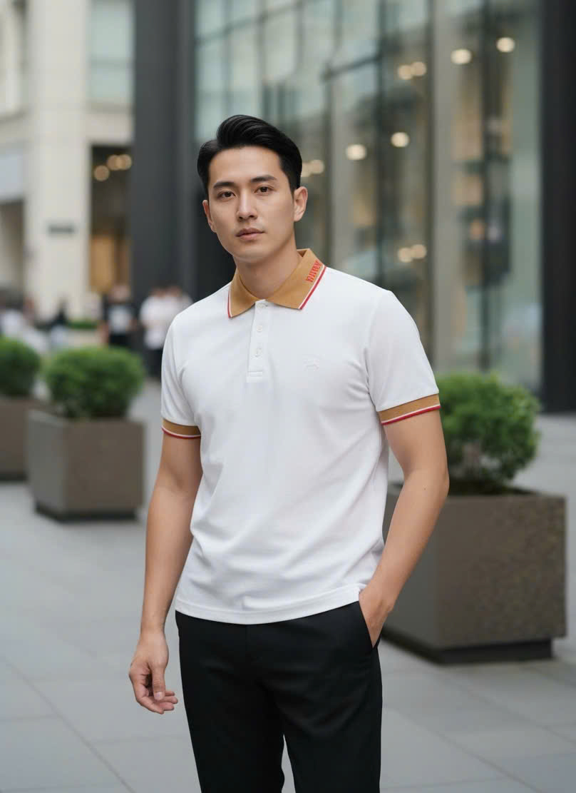 Áo polo Burberry BBR logo check cổ Nâu thêu ngựa bay ngực Like Auth S-XL DDT\Trắng