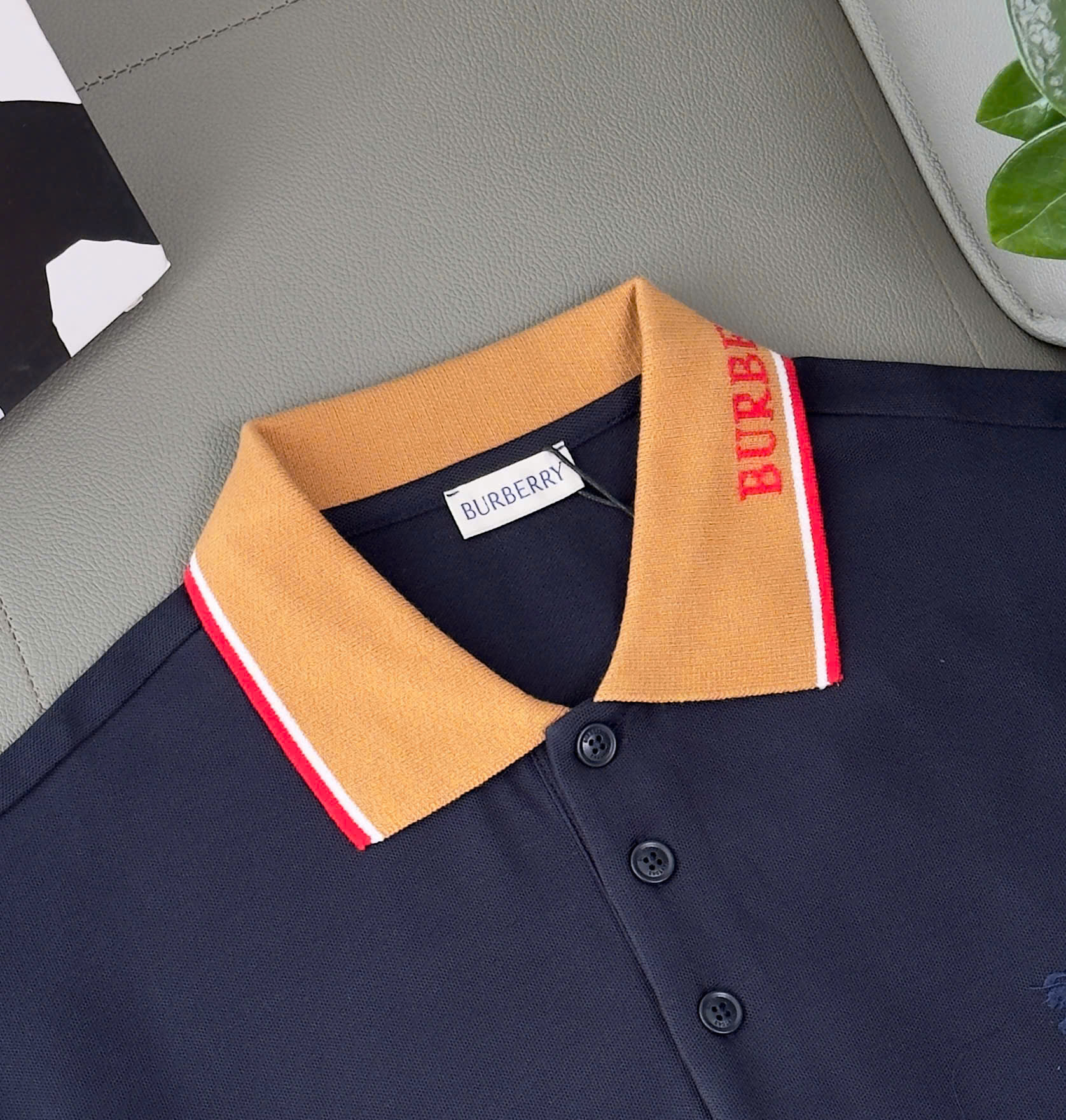Áo polo Burberry BBR logo check cổ Nâu thêu ngựa bay ngực Like Auth S-XL DDT\Xanh than