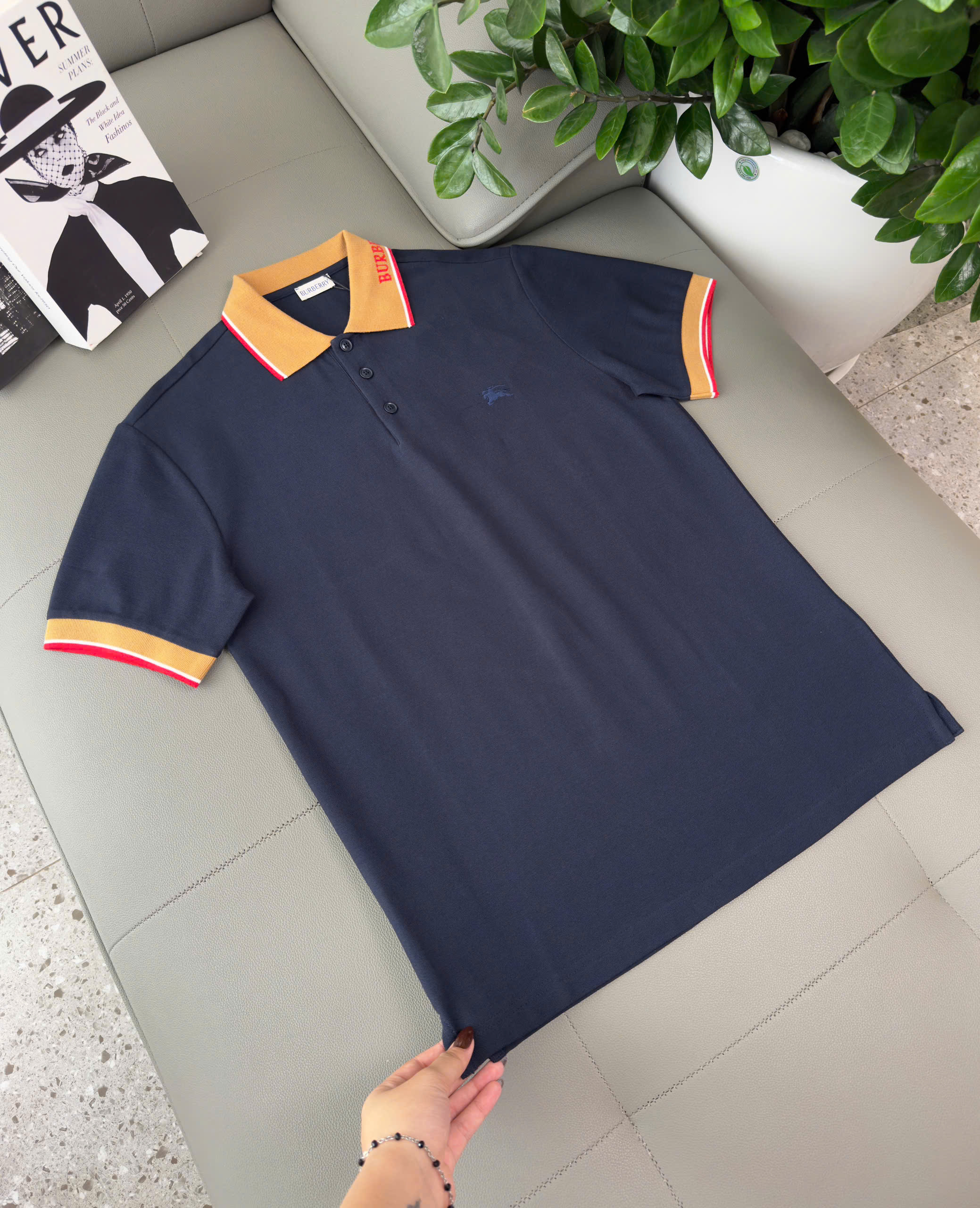 Áo polo Burberry BBR logo check cổ Nâu thêu ngựa bay ngực Like Auth S-XL DDT\Xanh than