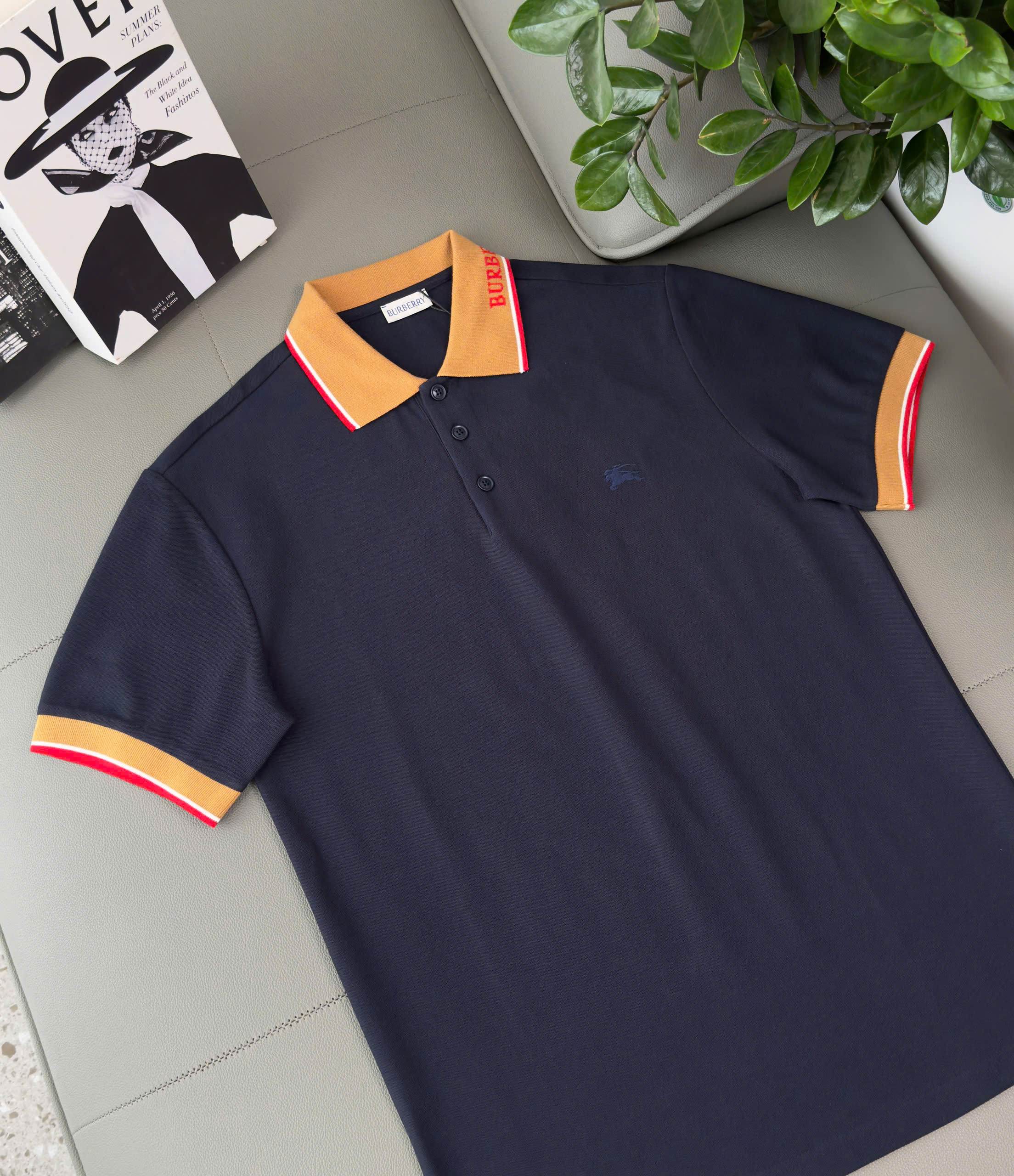 Áo polo Burberry BBR logo check cổ Nâu thêu ngựa bay ngực Like Auth S-XL DDT\Xanh than