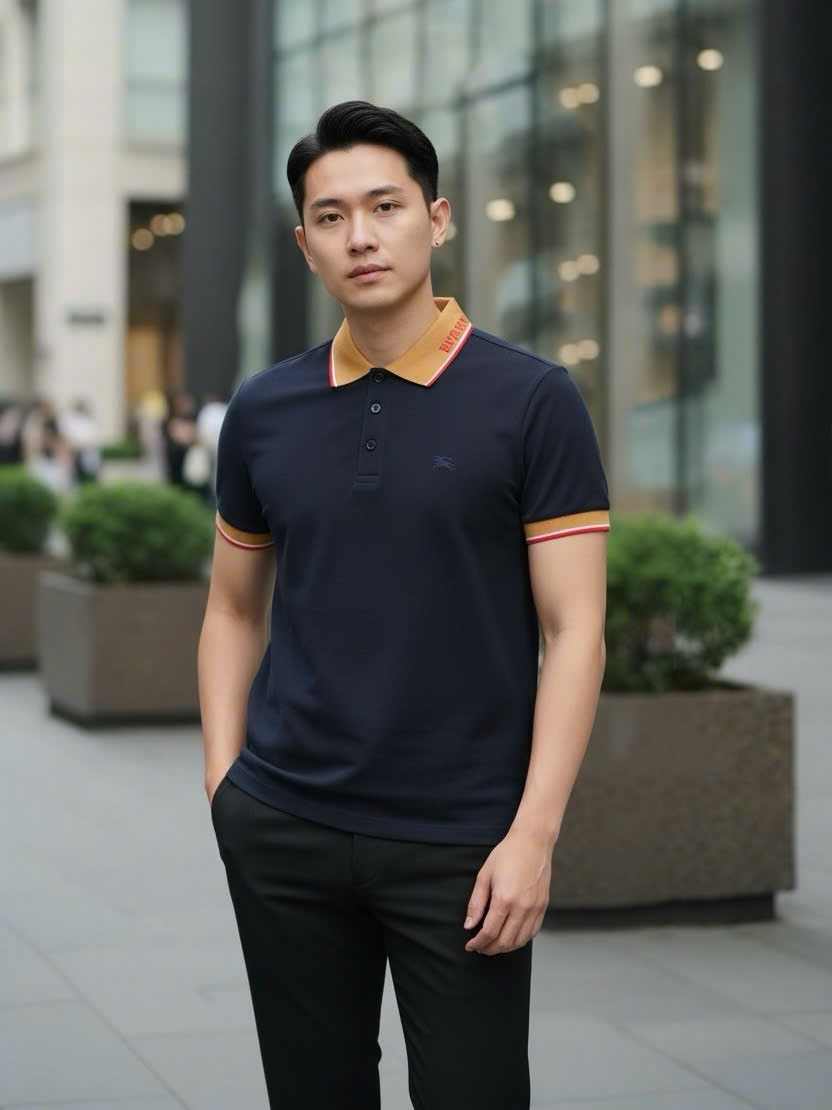 Áo polo Burberry BBR logo check cổ Nâu thêu ngựa bay ngực Like Auth S-XL DDT\Xanh than