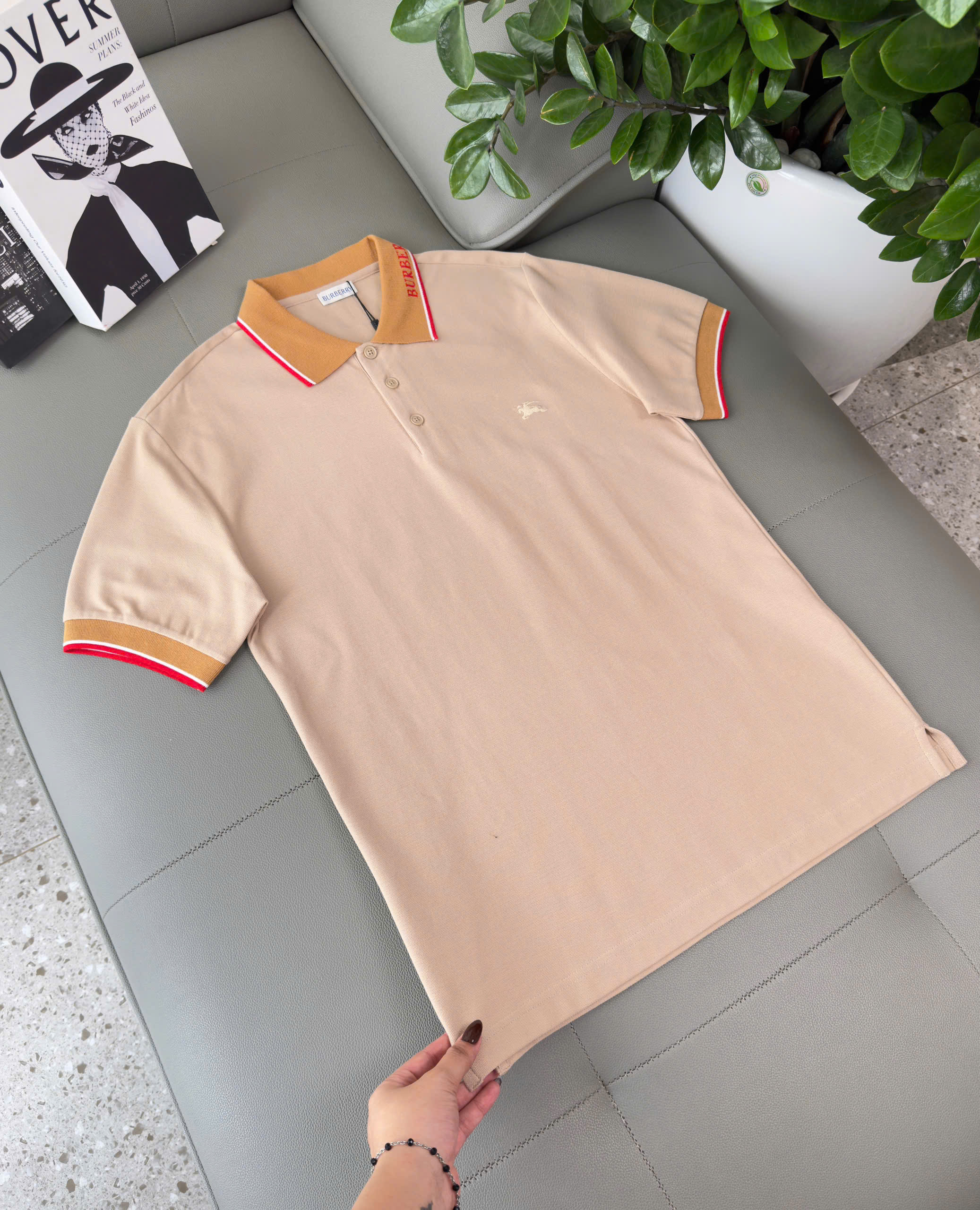 Áo polo Burberry BBR logo check cổ Nâu thêu ngựa bay ngực Like Auth S-XL DDT\Be
