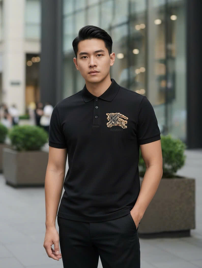 Áo polo Burberry BBR ngực thêu logo và họa tiết kỵ sỹ ngựa bay mờ Like Auth S-XL DDT\Đen