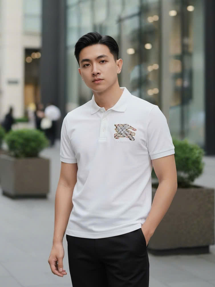 Áo polo Burberry BBR ngực thêu logo và họa tiết kỵ sỹ ngựa bay mờ Like Auth S-XL DDT\Trắng