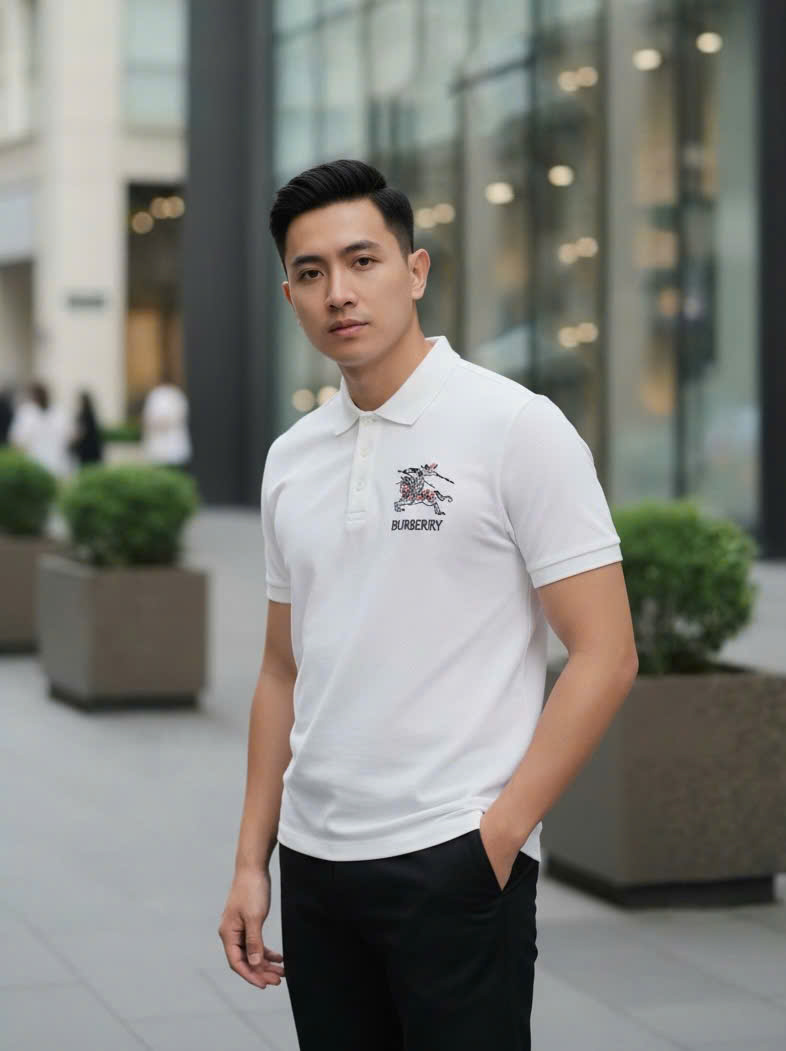 Áo polo Burberry BBR ngực thêu logo và họa tiết kỵ sỹ ngựa bay nét Like Auth S-XL DDT\Trắng