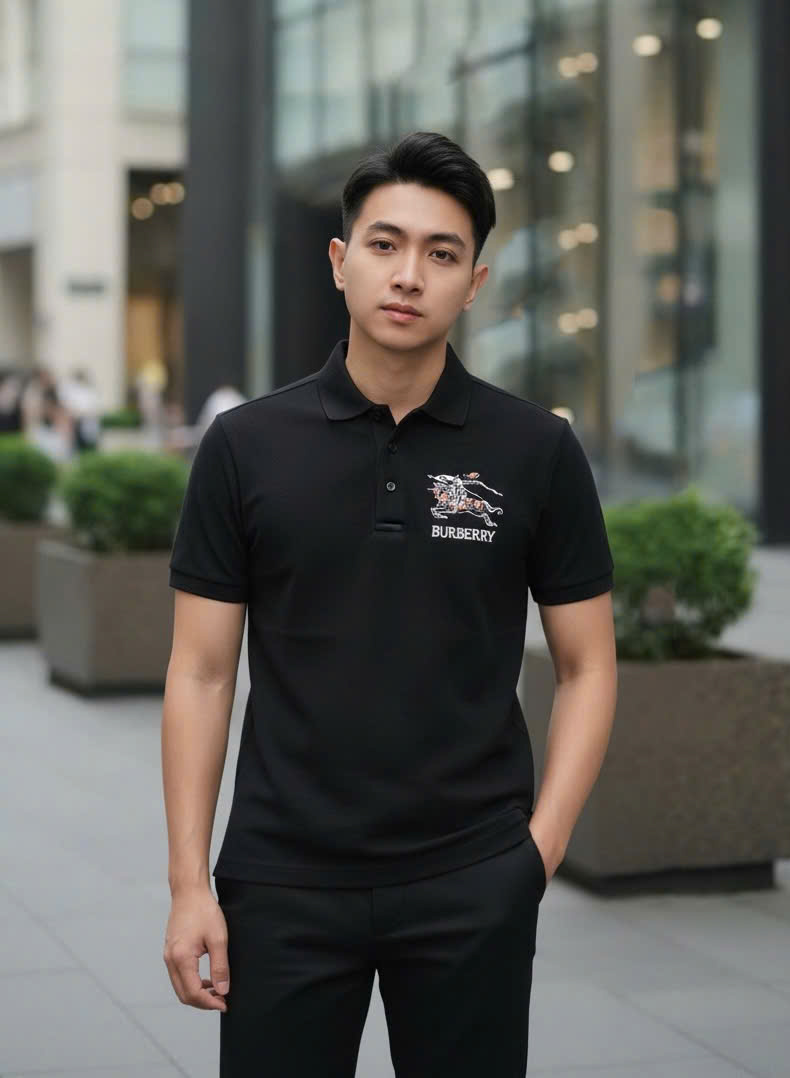 Áo polo Burberry BBR ngực thêu logo và họa tiết kỵ sỹ ngựa bay nét Like Auth S-XL DDT\Đen