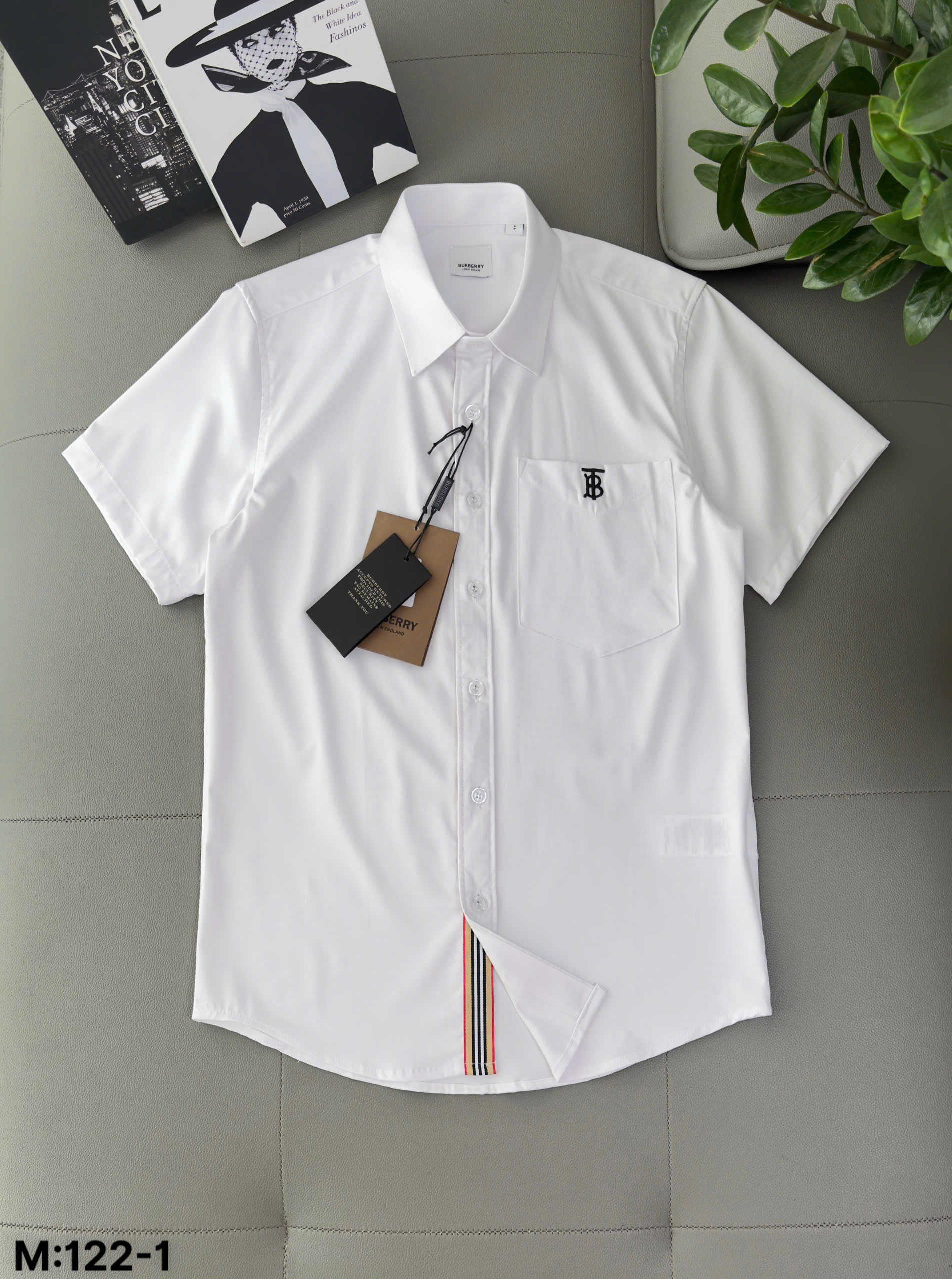 Áo sơ mi Burberry BBR Trắng logo TB thêu túi ngực chỉ Đen Like Auth S-XXL DDT