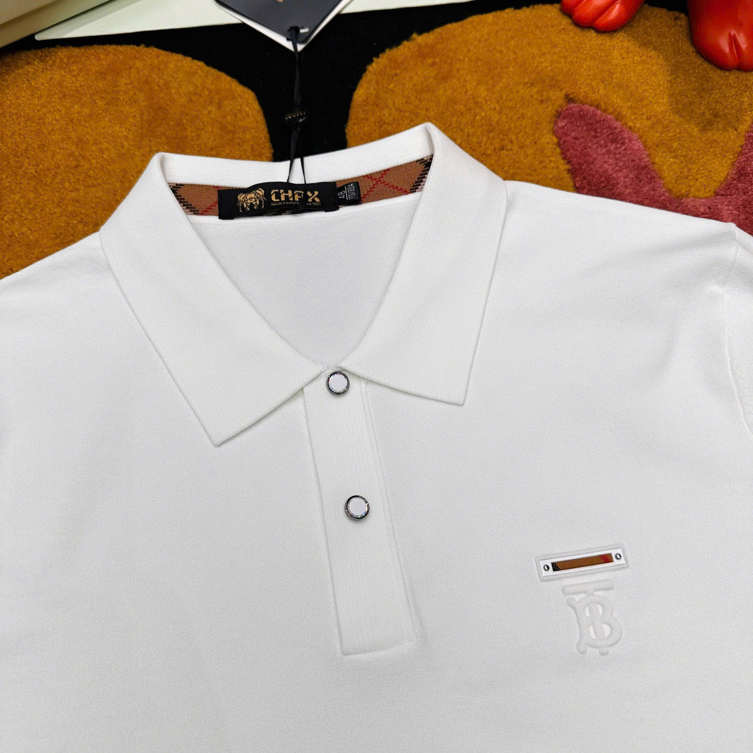 Áo polo Burberry BBR check kẻ sọc tay cổ logo thêu TB tag ngực Like Auth 48-52 MK\trắng