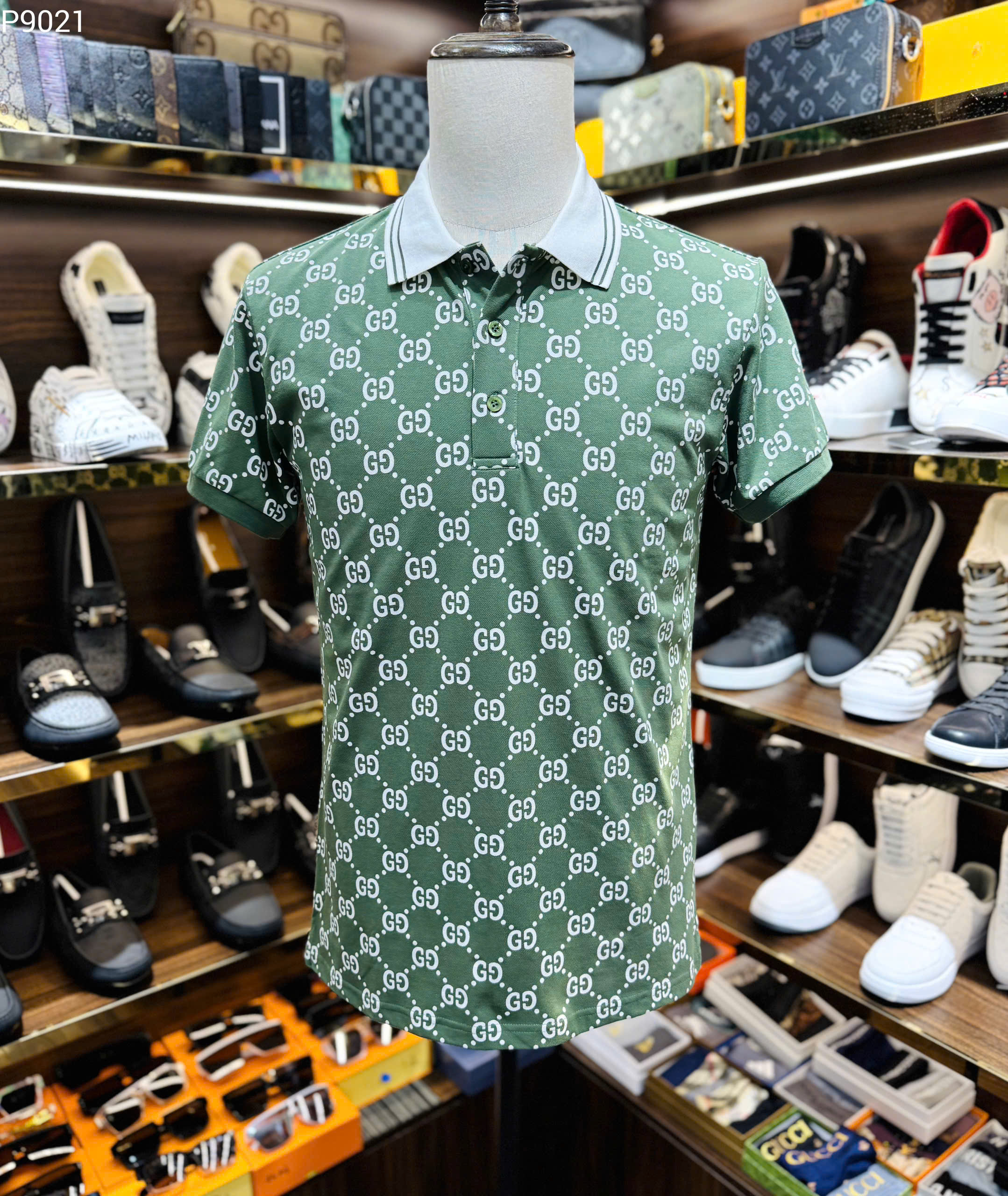 Áo polo Gucci GC Xanh Rêu logo GG full bo tay kẻ sọc cổ Like Auth M-XXL MK