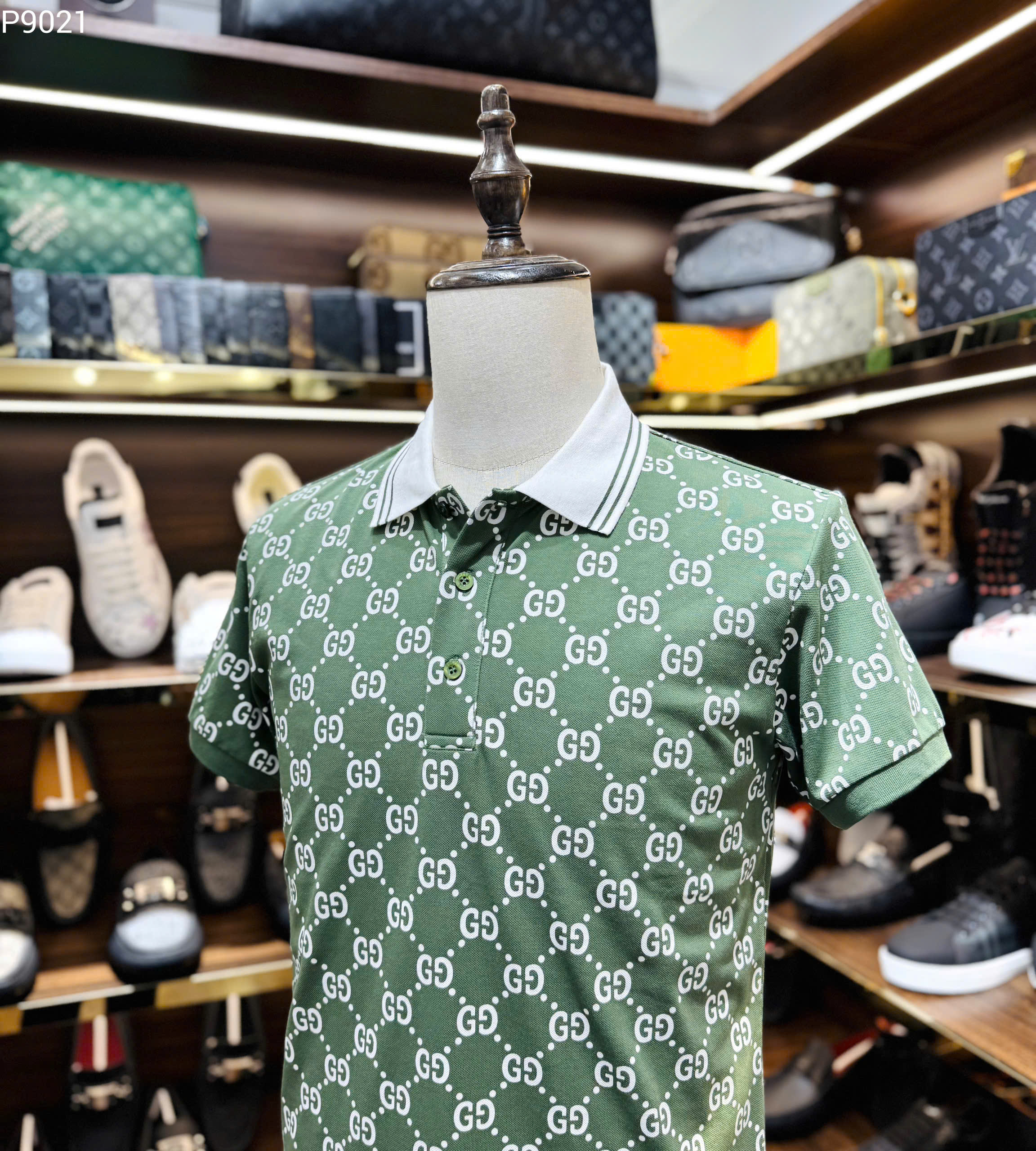 Áo polo Gucci GC Xanh Rêu logo GG full bo tay kẻ sọc cổ Like Auth M-XXL MK