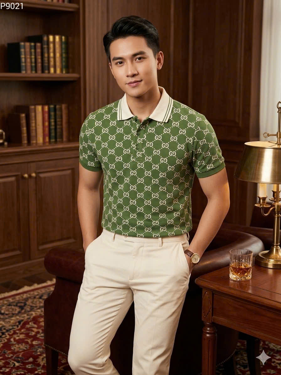 Áo polo Gucci GC Xanh Rêu logo GG full bo tay kẻ sọc cổ Like Auth M-XXL MK