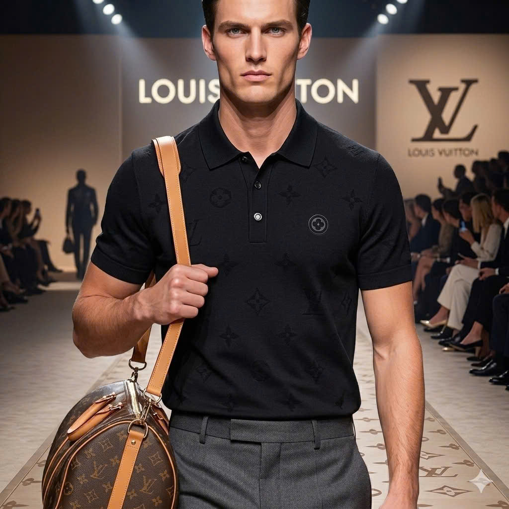 Áo polo Louis Vuitton LV monogram dập chìm logo tag ngực Like Auth 48-52 MK\Đen