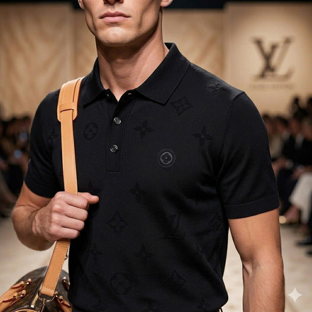 Áo polo Louis Vuitton LV monogram dập chìm logo tag ngực Like Auth 48-52 MK\Đen