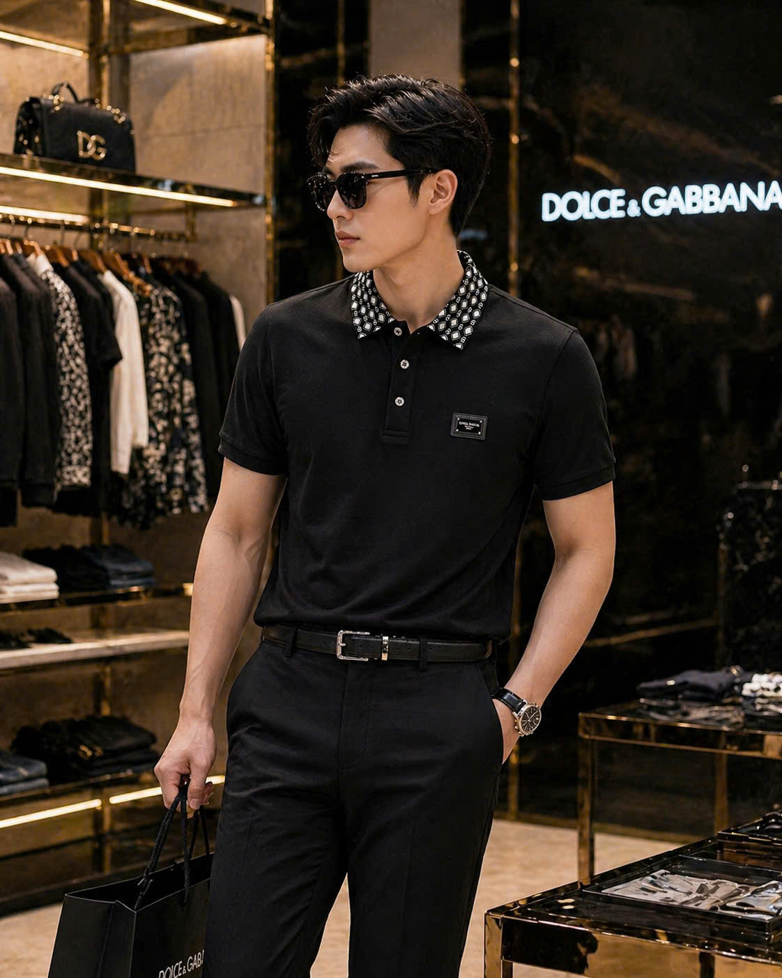 Áo polo Dolce Gabbana DG logo check cổ tag vuông ngực Like Auth S-XL MK