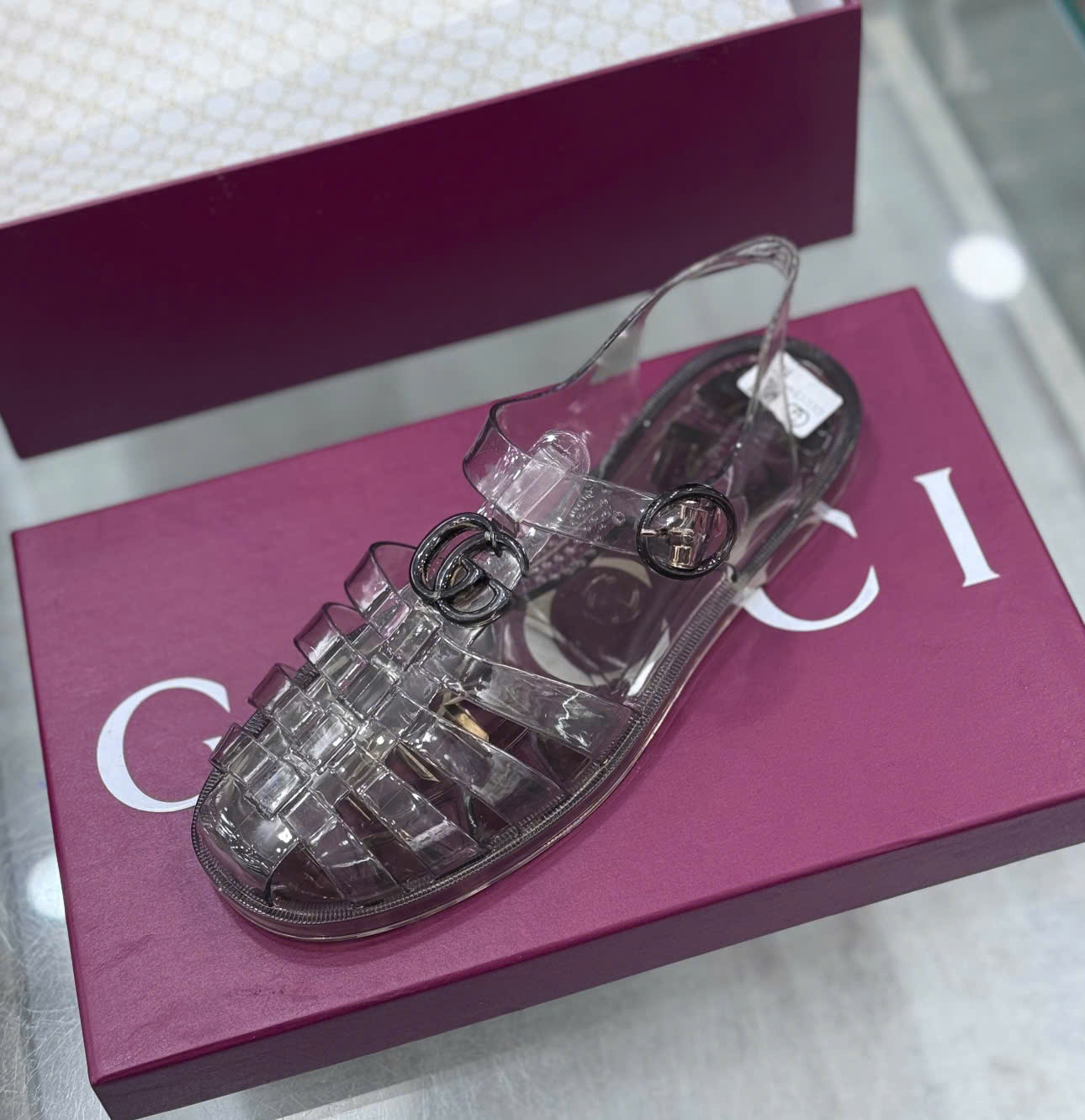 Dép rọ sandal Gucci Trắng trong trơn logo GG Like Auth on web fullbox bill thẻ DDT