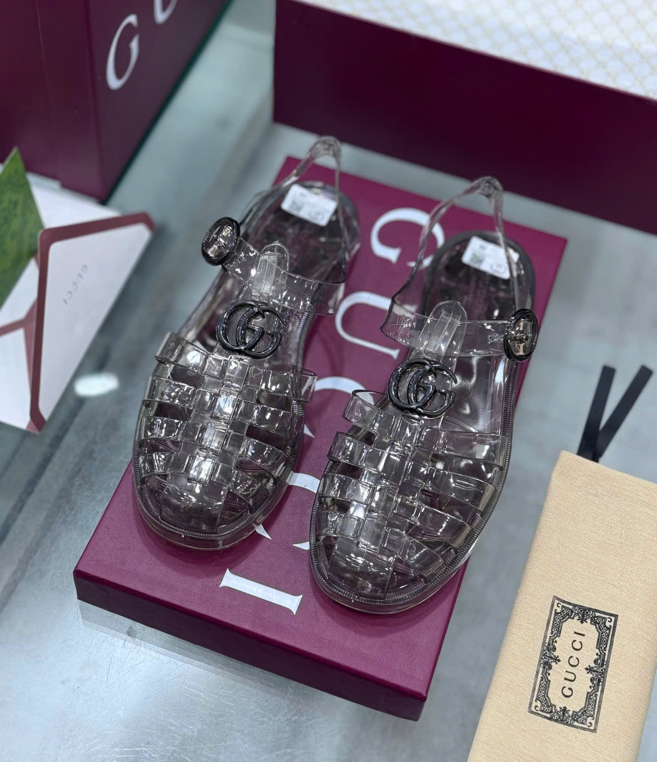 Dép rọ sandal Gucci Trắng trong trơn logo GG Like Auth on web fullbox bill thẻ DDT