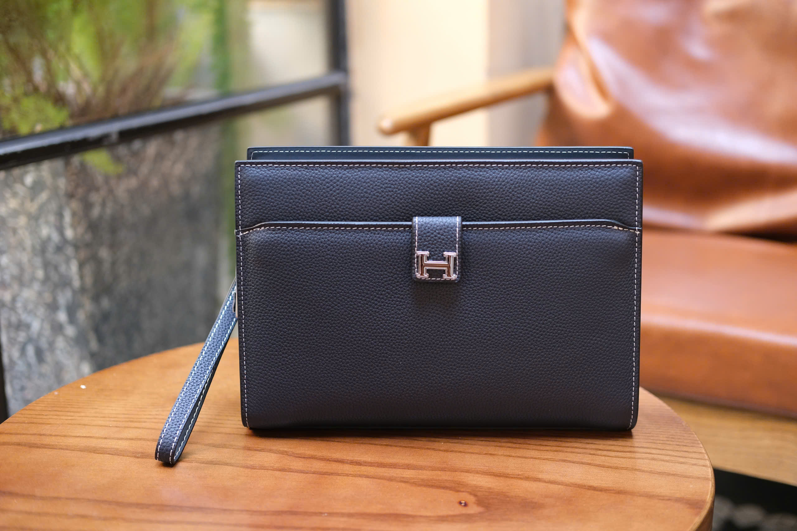 Túi Clutch cầm tay Hermes HM Xanh than trơn logo H size 28x18x5cm Like Auth Fullbox phụ kiện DDT